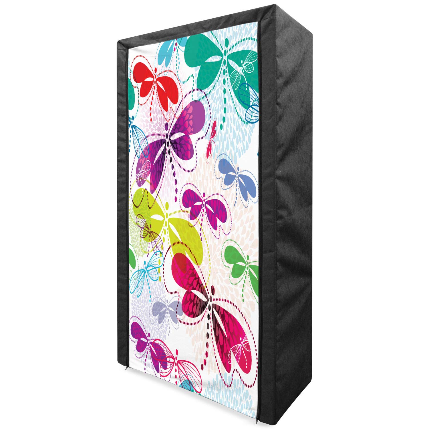 Ambesonne Dragonfly Portable Fabric Wardrobe - 33.5 Inch Clothing Organizer with Shelves, Modern Dragonfly & Floral Hydrangea Pattern in Vibrant Multicolor | Perfect for Bedroom Closet Storage, Dorm Room Organization & Travel Garment Storage