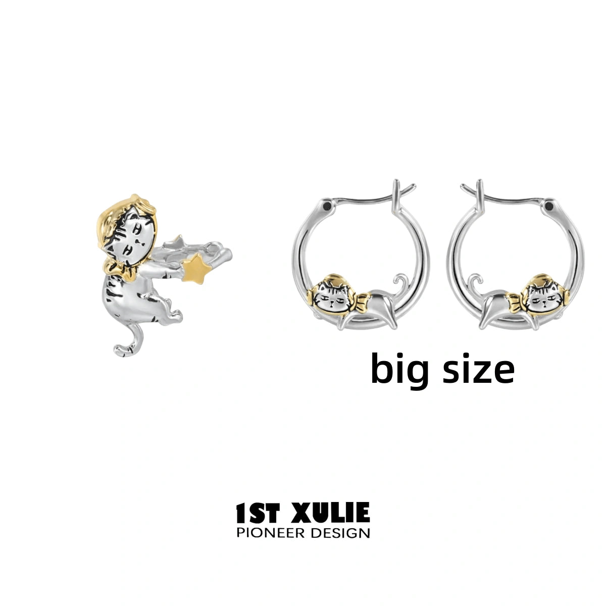 18K Gold Plated Graffiti Kitten Ear Clips - Trendy Cat Earrings for Women & Girls - Perfect for Parties, Cosplay & Daily Fashion Accessories