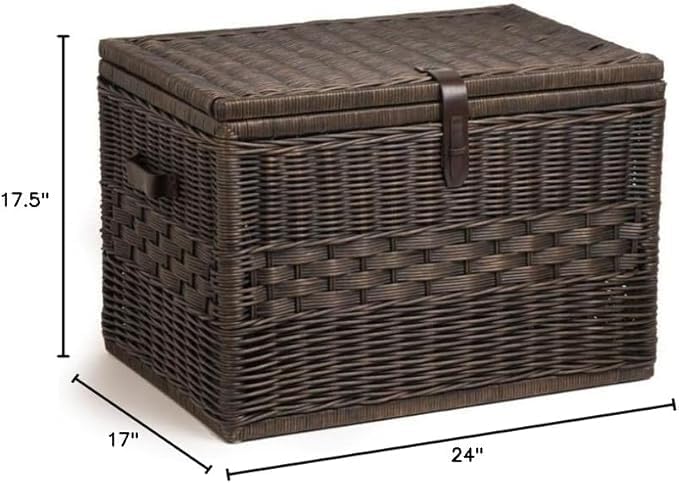 Handwoven Rattan Storage Trunk with Lid - Natural Wicker Basket Chest for Blankets, Toys & Home Organization - Large 24