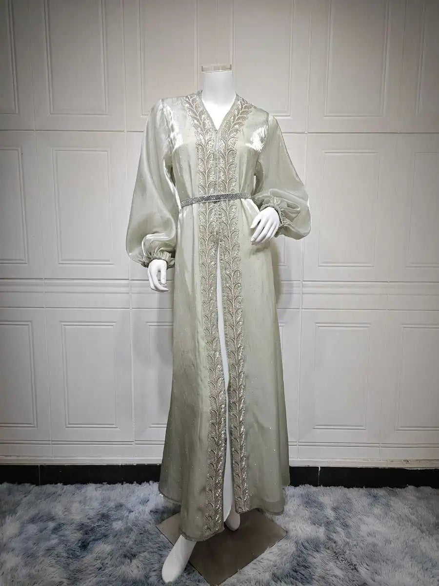 2-Piece Hotfix Rhinestone Caftan Dress Set with Inner Sleeveless Dress #25453 - Elegant Beach Cover Up, Evening Gown & Summer Party Wear for Women
