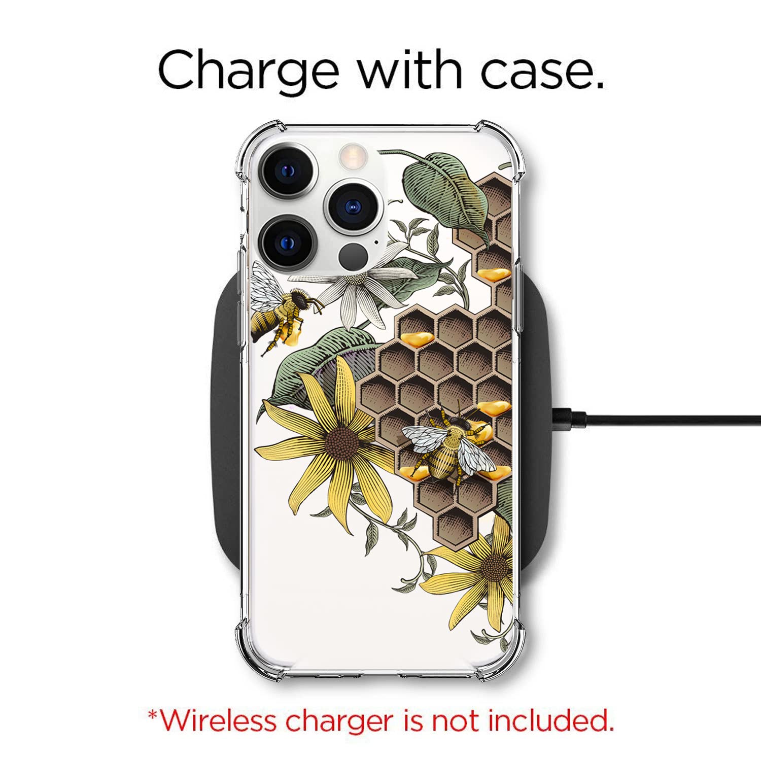 iPhone 13 Pro Max Case - Clear Floral Bee Design TPU Protective Cover for Women | Slim Yellow-Resistant Bumper | Perfect for Everyday Use, Work & Travel | Compatible with 6.7 Inch iPhone 13 Pro Max