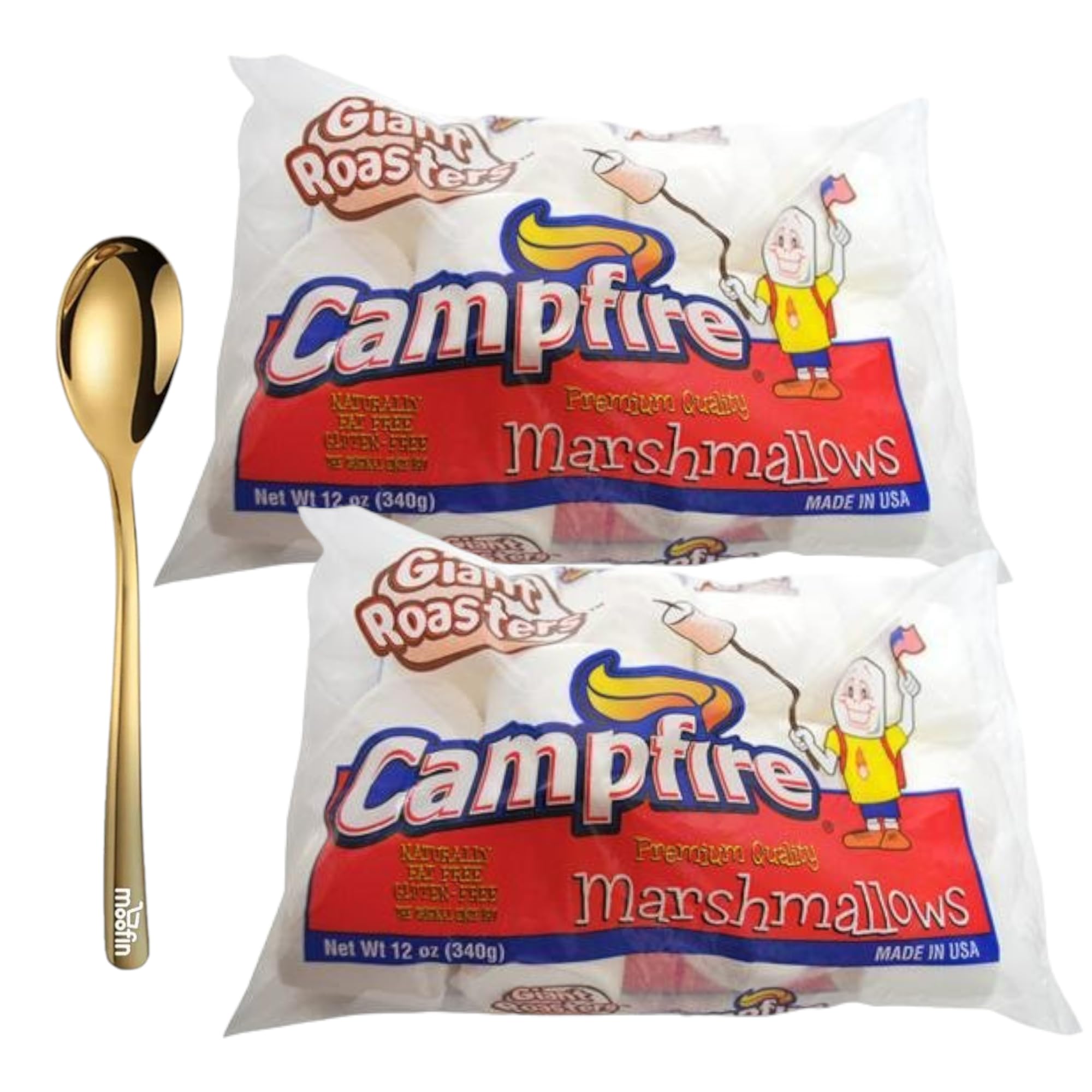 **Giant Roasters Marshmallows 12 Oz - Large Campfire Marshmallows for Smores, Hot Chocolate & Baking | Includes Moofin Golden SS Spoon | Bulk Pack of 2 | Perfect for Camping, BBQs & Family Gatherings**