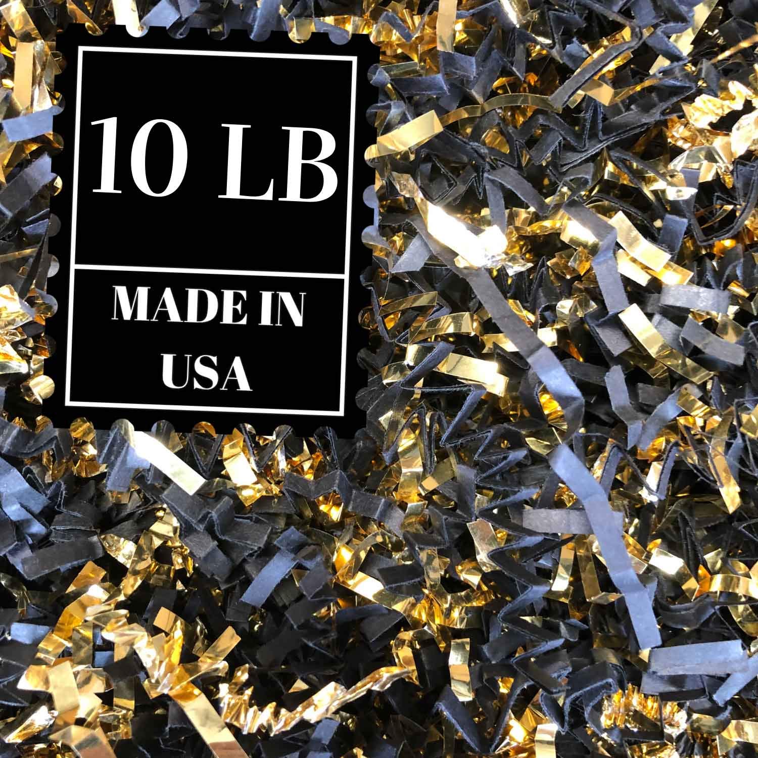 Mrs Fizz Crinkle Cut Paper Shred - 10 LB Bulk Packing Filler for Gift Baskets, Boxes & Wrapping (Black & Gold) - Perfect for Holiday Gifts, Party Decorations & Wedding Favors