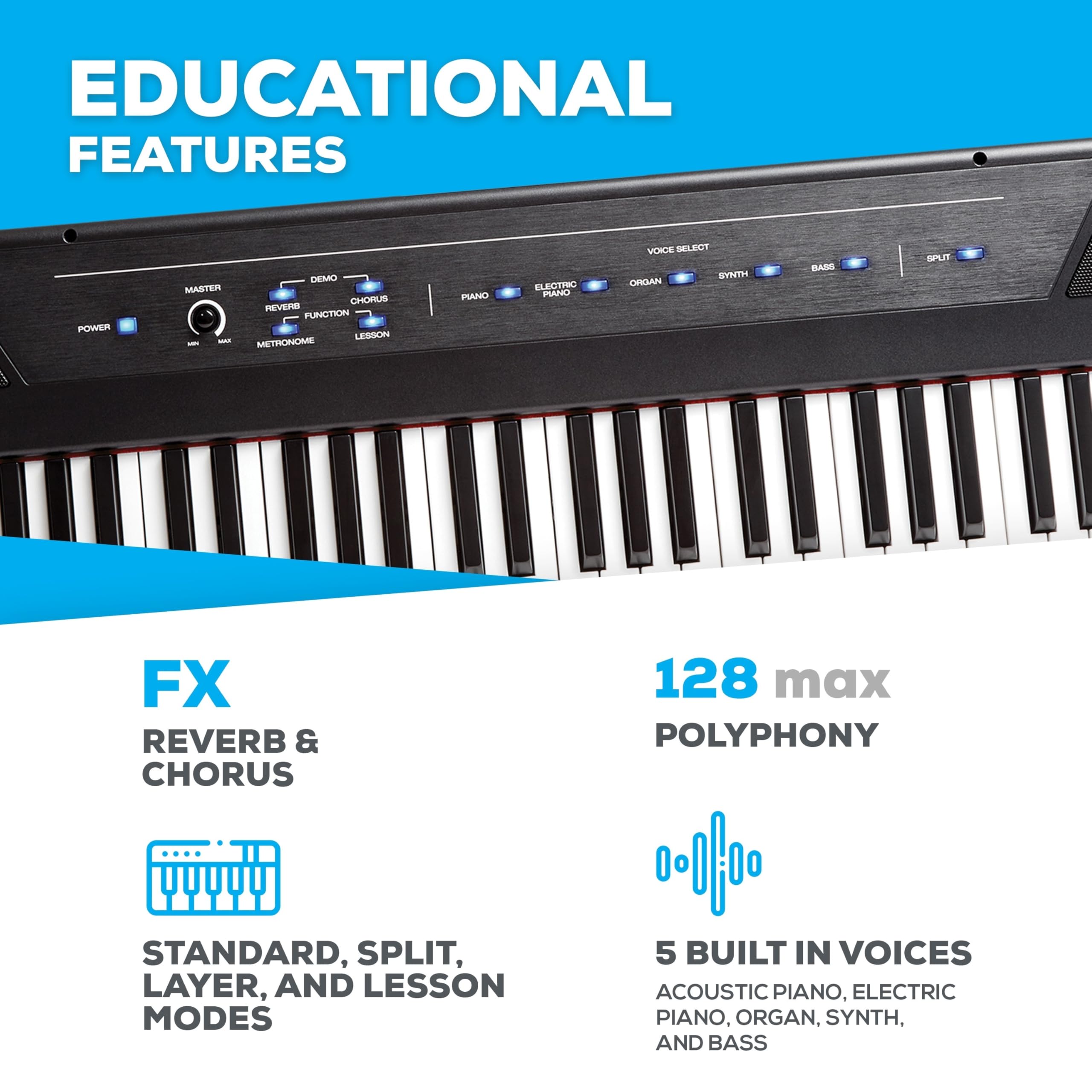 Alesis Recital 88-Key Digital Piano Keyboard with Semi-Weighted Keys, 2x20W Speakers, 5 Voice Modes, Split/Layer/Lesson Functions & FX – Perfect for Beginners, Home Practice & Music Education