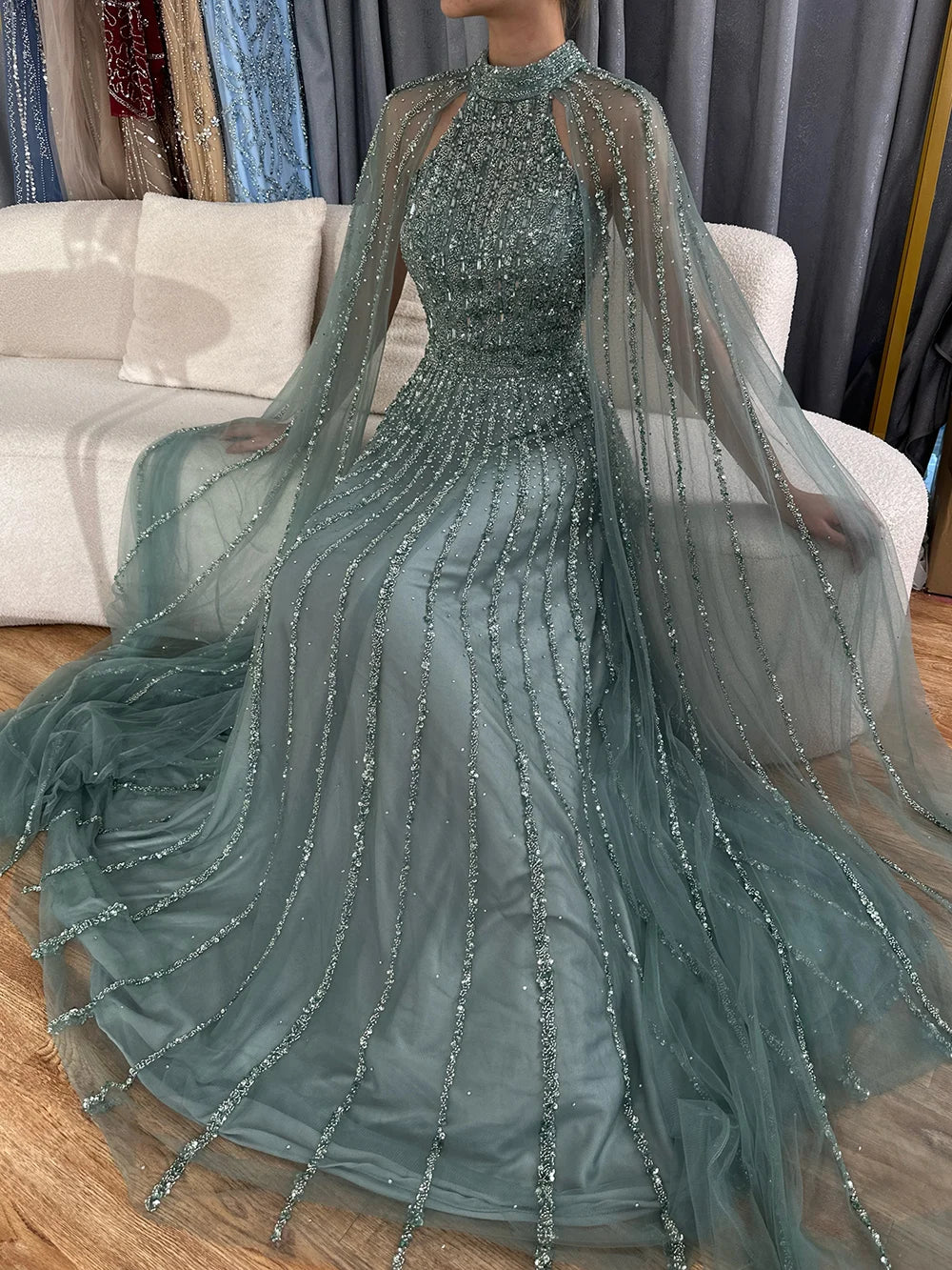 Luxury Dubai Arabic Caramel A-Line Cape Sleeve Beaded Evening Gown - Saudi Formal Dress for Women LA72306B | Perfect for Weddings, Galas & Special Occasions