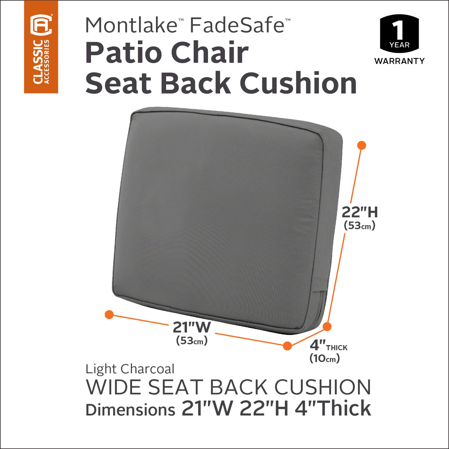 Classic Accessories Montlake 21x22 Inch Thick Patio Furniture Cushion, Light Charcoal - Perfect for Outdoor Chairs, Loungers, and Garden Seating