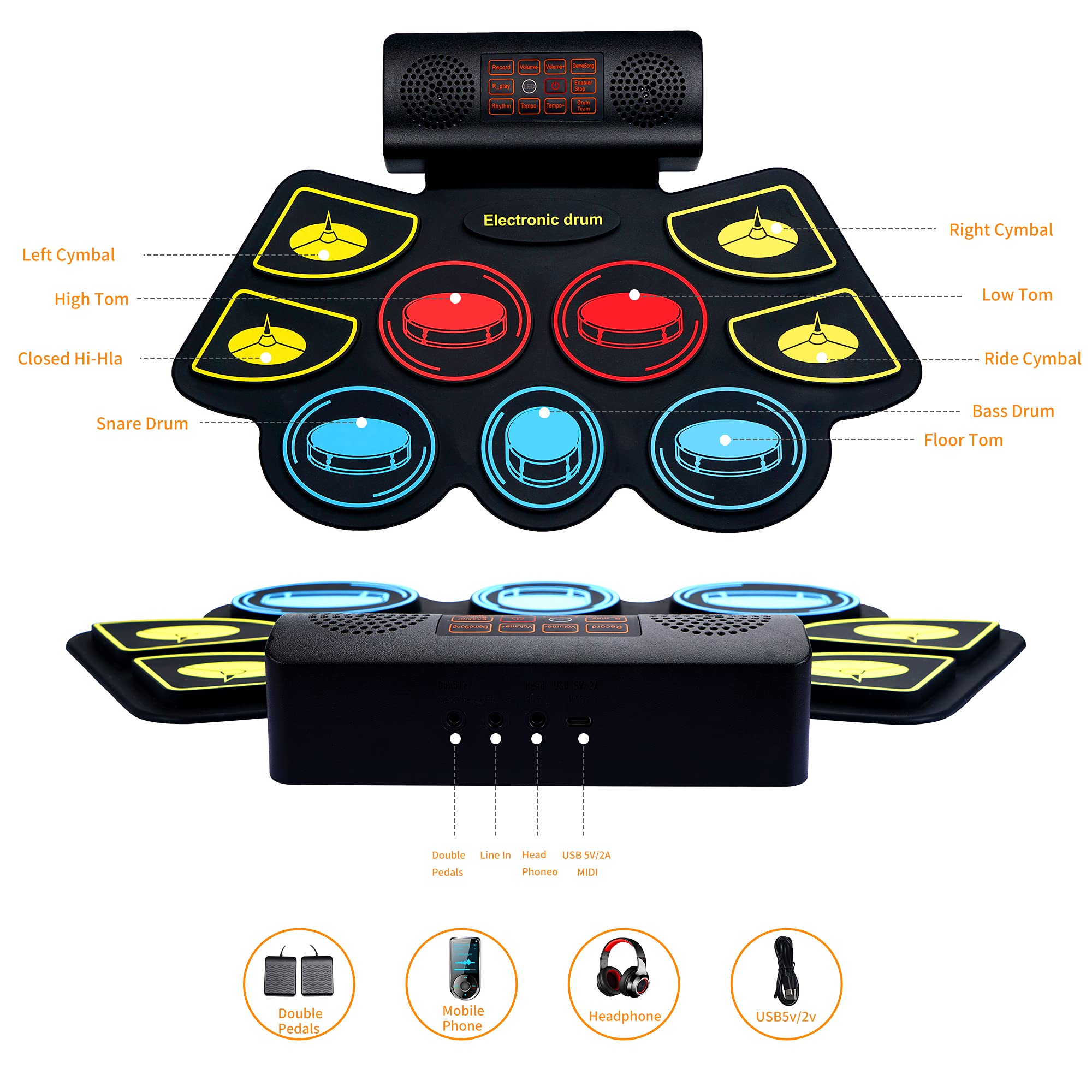 (9 Pads) Electronic Drum Set with LED Drumsticks & Stand - 5 Drum Kits, 10 Rhythms, Built-in Speakers | Portable Roll Up Design | Perfect for Kids, Beginners & Home Practice | Great for Birthday Gifts, Music Lessons & Family Entertainment