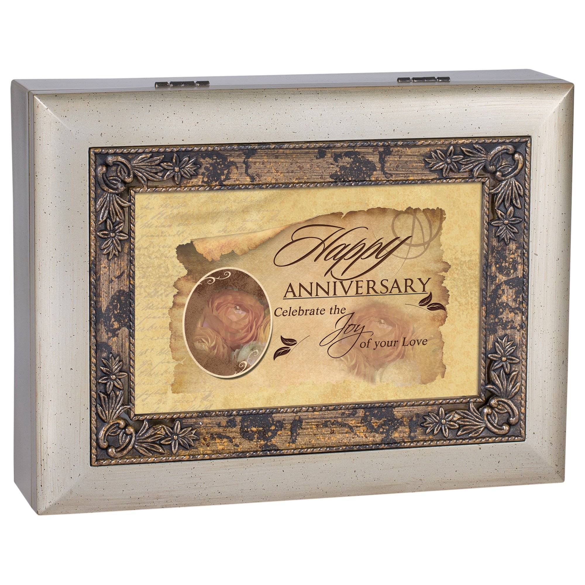 Vintage Cottage Garden Happy Anniversary Amber Inlay Digital Music Jewelry Box - Plays 'Still The One' Song - Perfect for Anniversaries, Weddings & Romantic Gift Giving