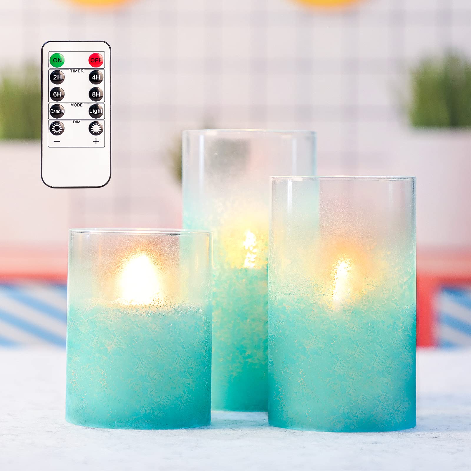 Flickering Flameless LED Candles with Timer - Real Wax Glass Effect Sandblast Battery Operated Candles - Ocean Theme Remote Control Candles for Bathroom, Bedroom, Table & Wedding Decorations - Perfect for Relaxation, Romantic Dinners & Spa Nights