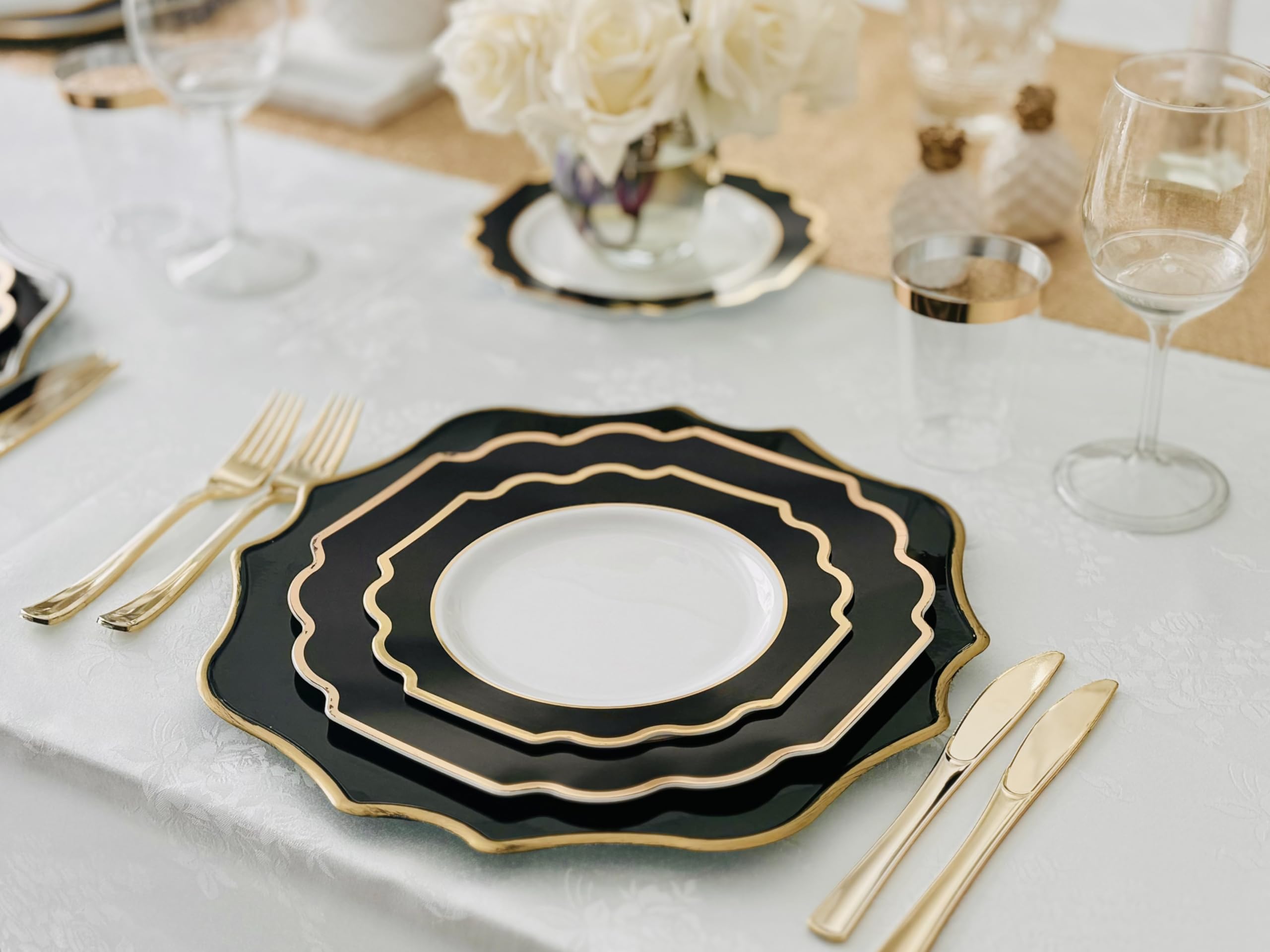960-Piece Heavyweight Disposable Plastic Plate Set for Weddings & Parties - Includes 120 x 10.5'' Plates, 120 x 8'' Plates, Silverware, Cups & Napkins (White, Black, Gold) - Perfect for Large Events, Catering & Special Occasions