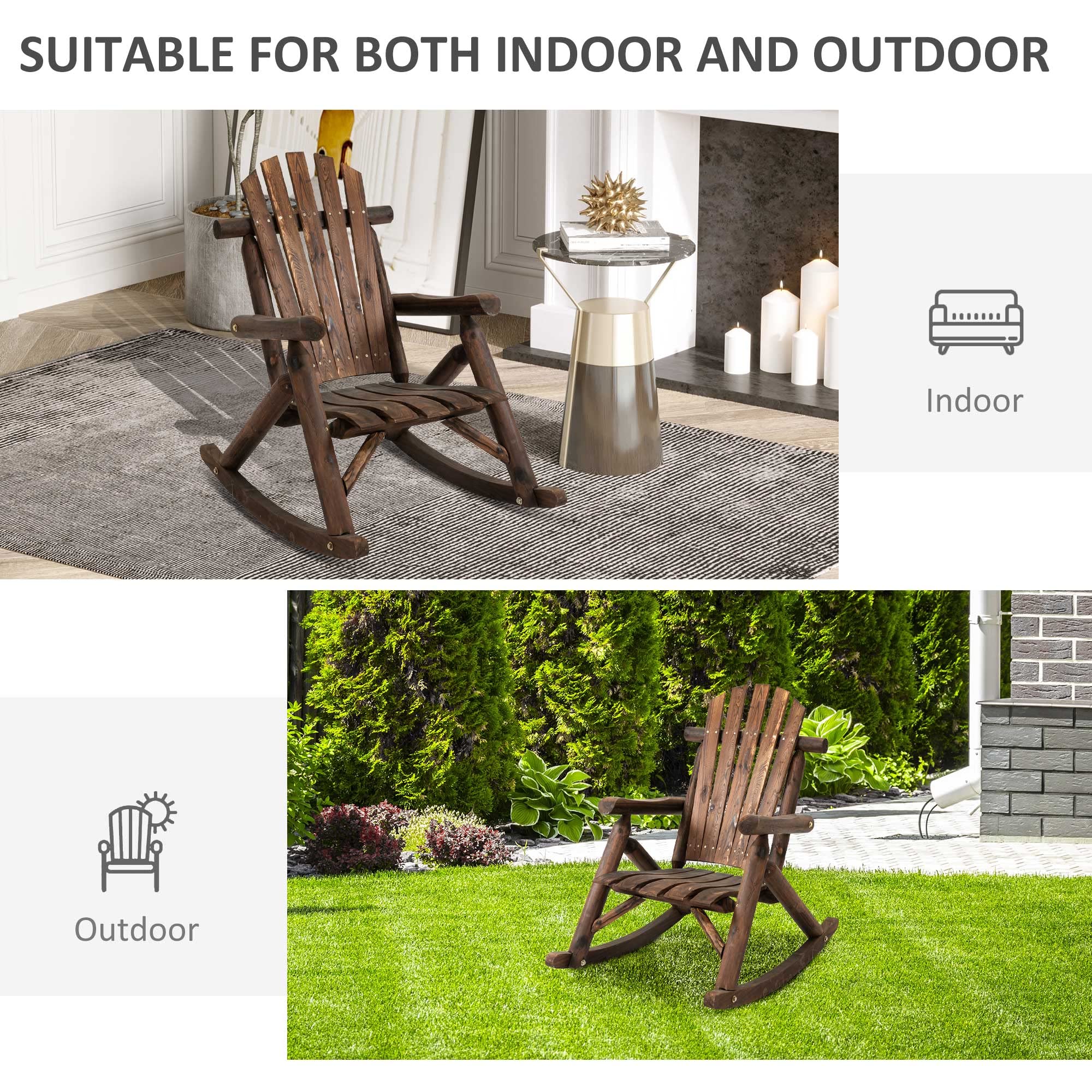 Outsunny Outdoor Wooden Rocking Chair - Single-Person Adirondack Rocking Patio Chair with Rustic High Back & Slatted Seat - Perfect for Garden, Backyard, Porch, Deck & Indoor Use - Carbonized Finish - Comfortable Relaxation Chair for Reading & Lounging