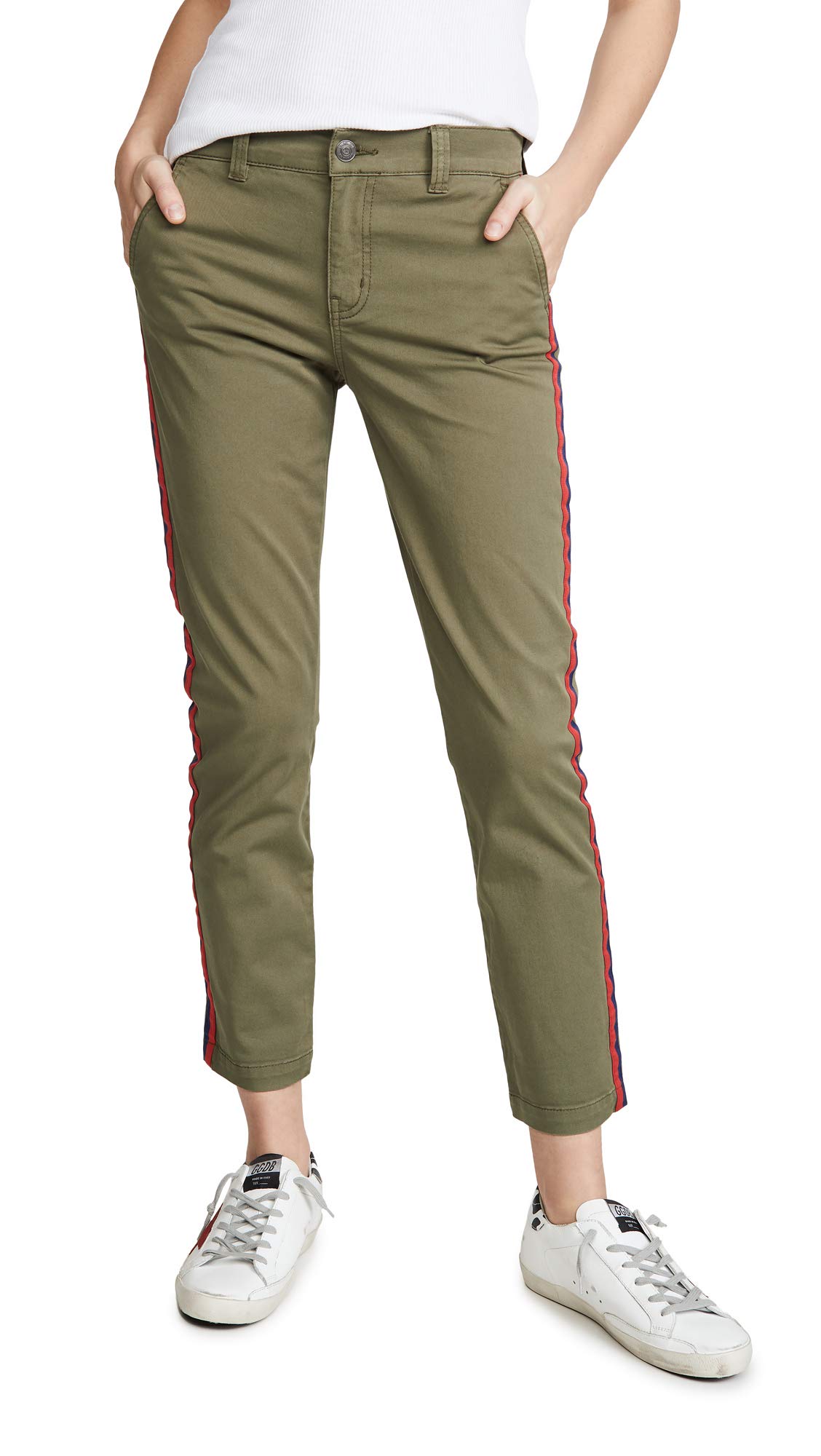 Current/Elliott Women's The Side Stripe Confidant Pants - Army Green Size 24 | High Waist Slim Fit Casual Trousers for Work, Travel & Everyday Wear
