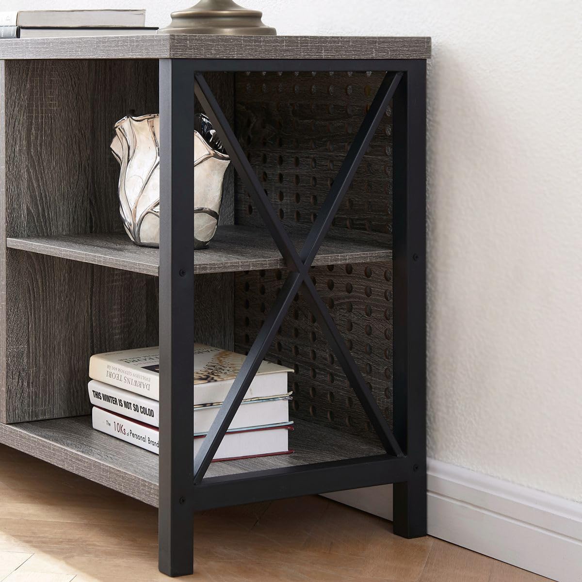 LVB 63 Inch TV Stand for 75 Inch TVs - Modern Rustic Wood & Industrial Metal Entertainment Center with Storage Cabinet - Light Gray Oak Media Console for Living Room & Bedroom | Perfect for Home Theater Setup & Living Space Organization
