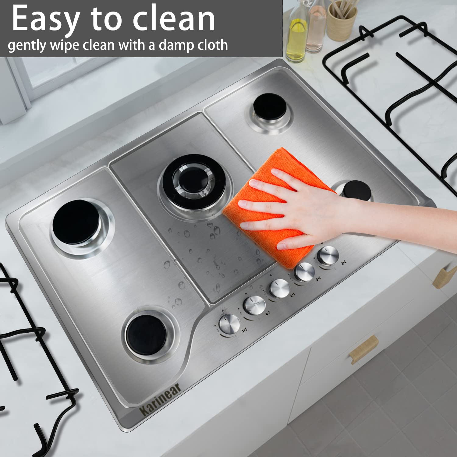 Karinear 30 Inch 5 Burner Built-in Stainless Steel Gas Cooktop - NG/LPG Dual Fuel Gas Stove with Thermocouple Protection for Apartments & Homes - Includes Pressure Regulator - Perfect for Cooking, Baking & Family Meals