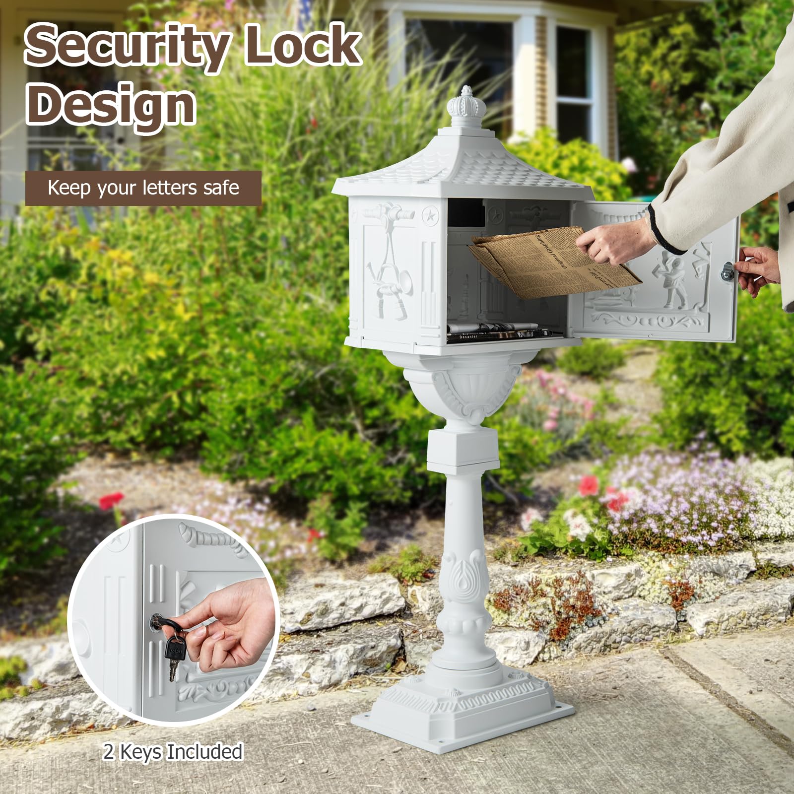 Goplus Heavy Duty Cast Aluminum Mailbox with Post - Secure Locking Outdoor Mailbox with 2 Keys, Baffle Door & Address Panel - Weatherproof Residential Mailbox for House, Apartment, Office (White) - Perfect for Front Yard, Porch & Driveway Installation