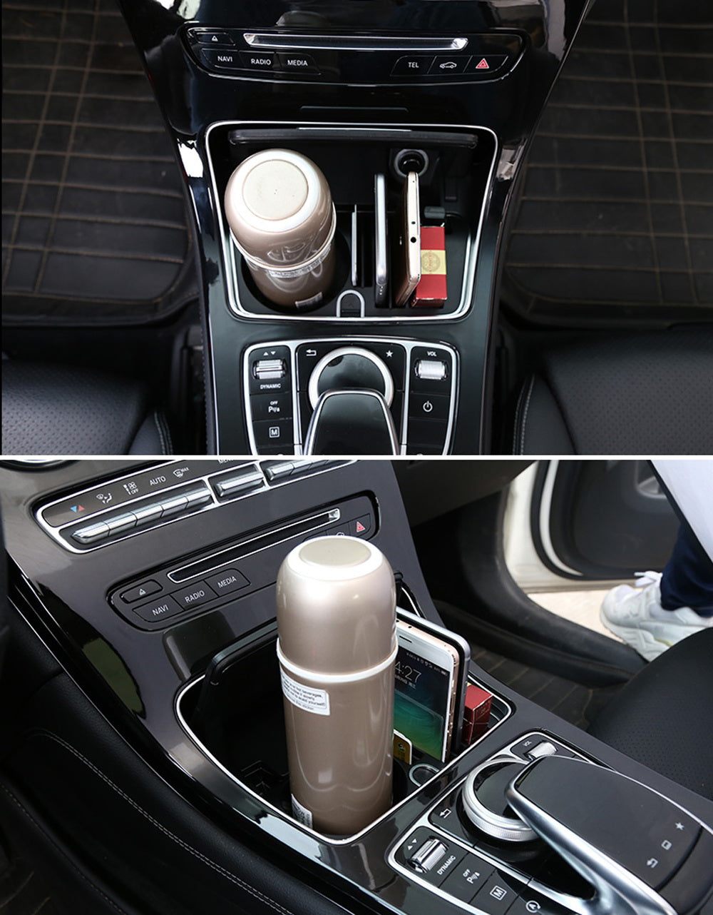 Exact Fit Cup Holder Organizer Tray for Mercedes W205 C-Class, X205 GLC, W213 E-Class - Premium Car Accessories for Coffee, Phone & Keys Storage | Perfect for Road Trips & Daily Commute