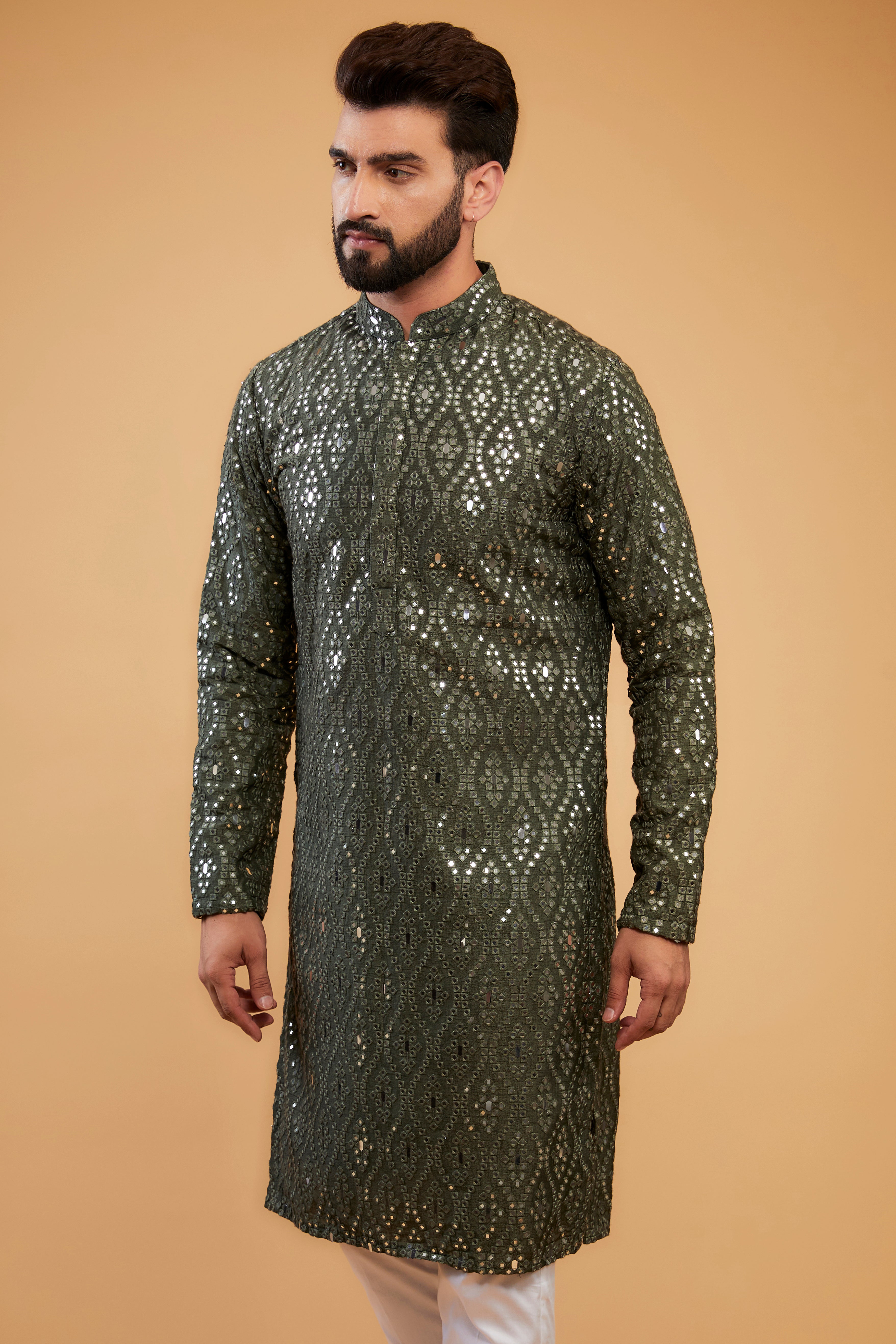Military Green Mirror Work Kurta for Women - Embroidered Ethnic Tunic Top - Perfect for Festivals, Weddings & Casual Wear