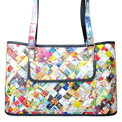 Upcycled Candy Wrapper Handbag - Eco-Friendly Vegan Tote Satchel Purse Made from Recycled Materials | Unique Sustainable Fashion Accessory for Women, Perfect Gift for Eco-Conscious Friends | Great for Grocery Shopping, Beach Trips & Casual Outings