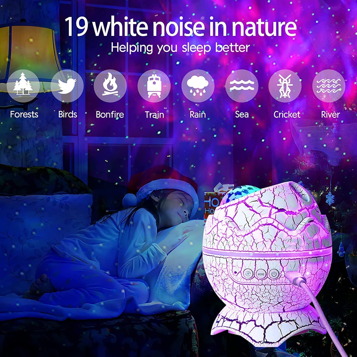 Dinosaur Egg Galaxy Star Projector Night Light with Wireless Music Player, White Noise, Nebula Effect, Timer & Remote Control - Perfect for Kids & Adults Bedroom, Nursery Decor, Relaxation & Sleep Aid