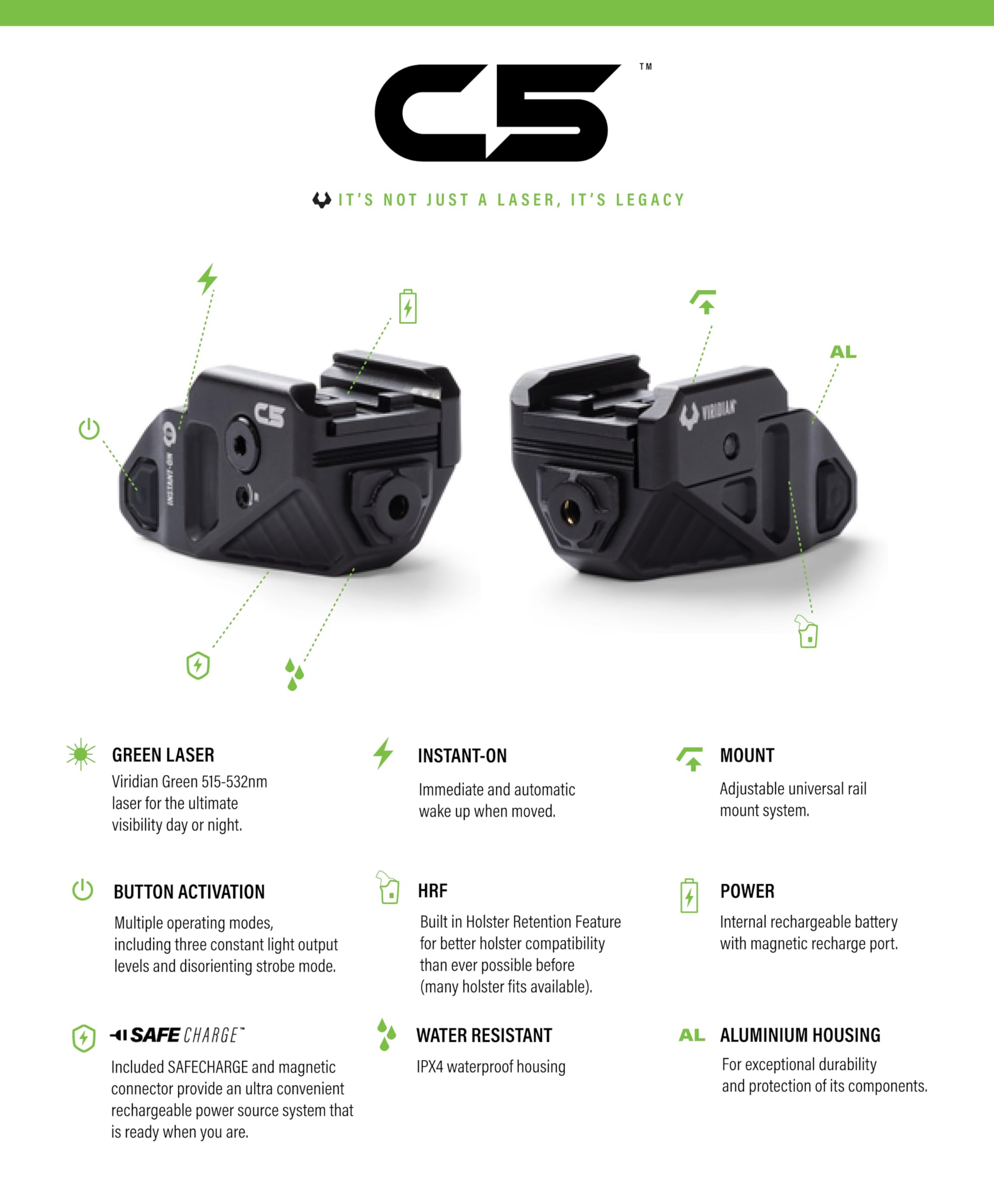 Viridian C5 Green Laser Sight for Pistols - Universal Rail Mount, Ambidextrous On/Off Switch, Rechargeable & Instant-On - Perfect for Home Defense, Tactical Training & Concealed Carry (Black)