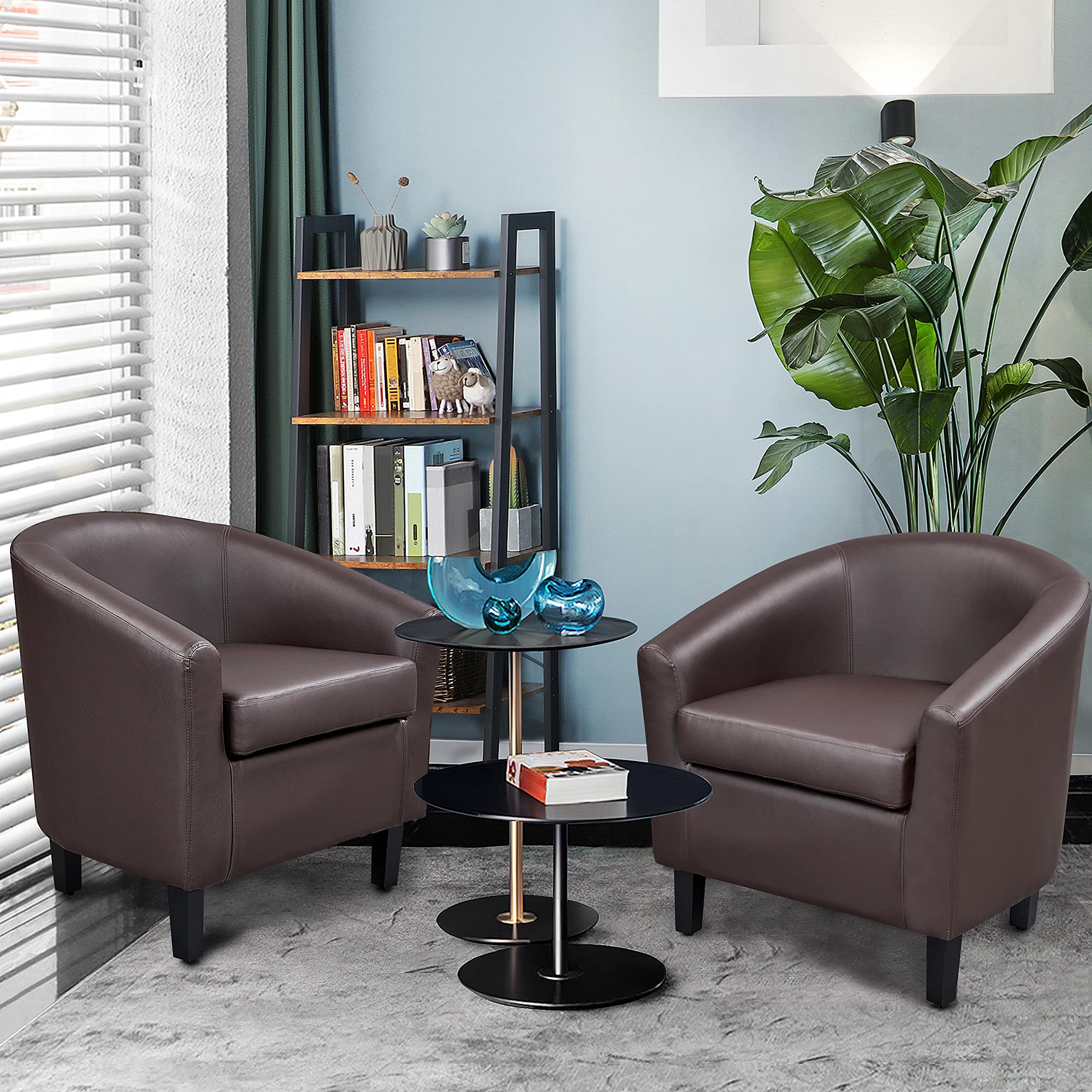 Yaheetech 2-Piece Set PU Leather Accent Chairs, Modern Barrel Design Side Chairs with Soft Padded Seat - Comfortable Club Chairs for Living Room, Bedroom, Office or Reading Nook - Espresso Brown Home Decor Furniture