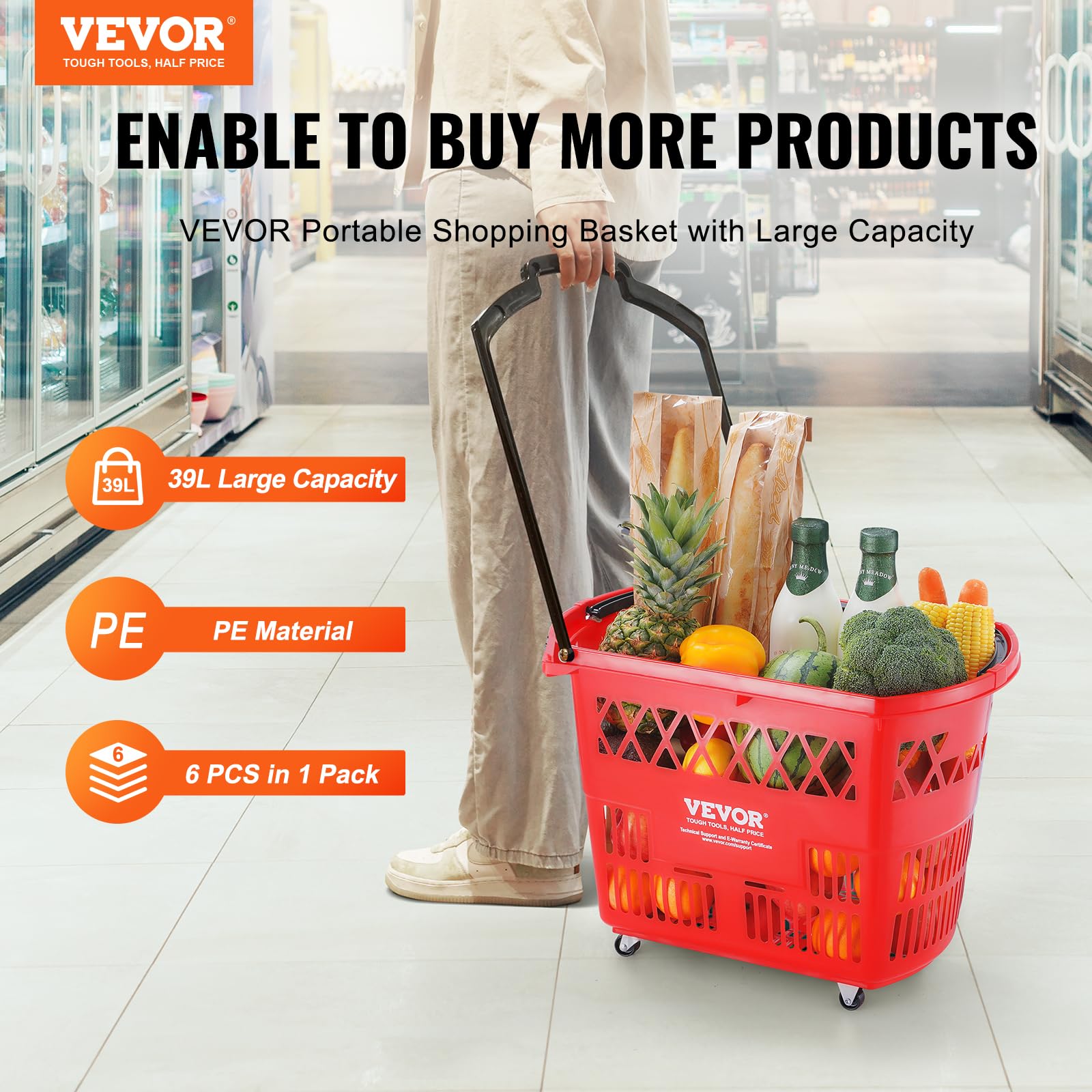 VEVOR 6-Piece 39L Rolling Shopping Baskets with Handles & Wheels - Large Plastic Portable Shopping Cart Set for Supermarkets, Retail Stores, Grocery Shopping - Perfect for Quick Checkouts and Bulk Purchases (Red)