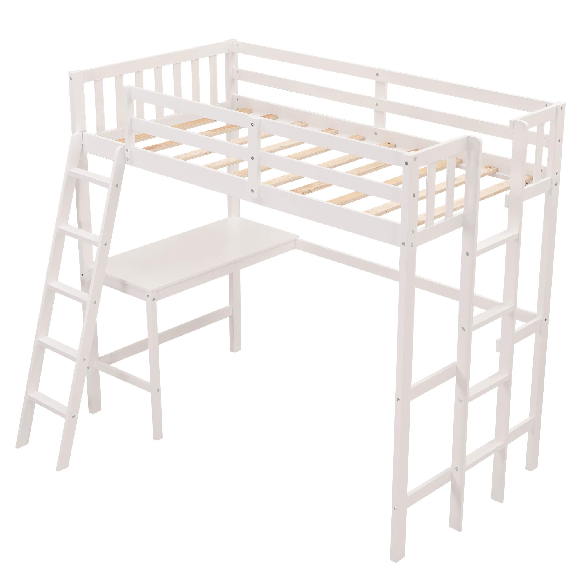 Solid Wood Twin Loft Bed with Desk & 2 Ladders - Space Saving Kids/Teens/Adults Loft Bed Frame - No Box Spring Needed (White) - Perfect for Small Bedrooms, Dorms & Studio Apartments