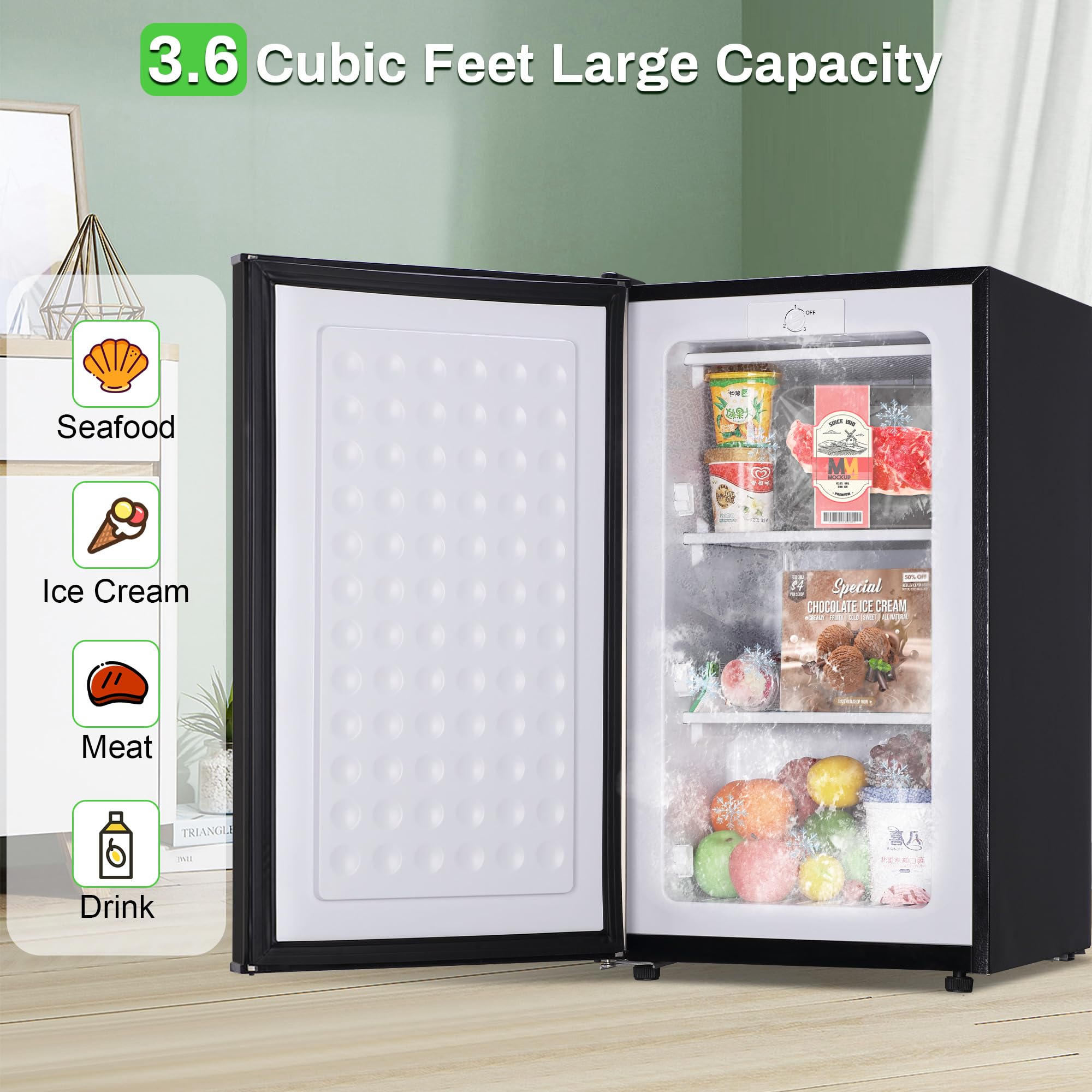 3.6 Cu Ft Upright Freezer - Mini Deep Freezer with Removable Baskets & 3-Temp Settings (-13°F to 23°F), Manual Defrost, Reversible Stainless Steel Door - Perfect for Home, Kitchen, Garage, or Basement Storage (Black)