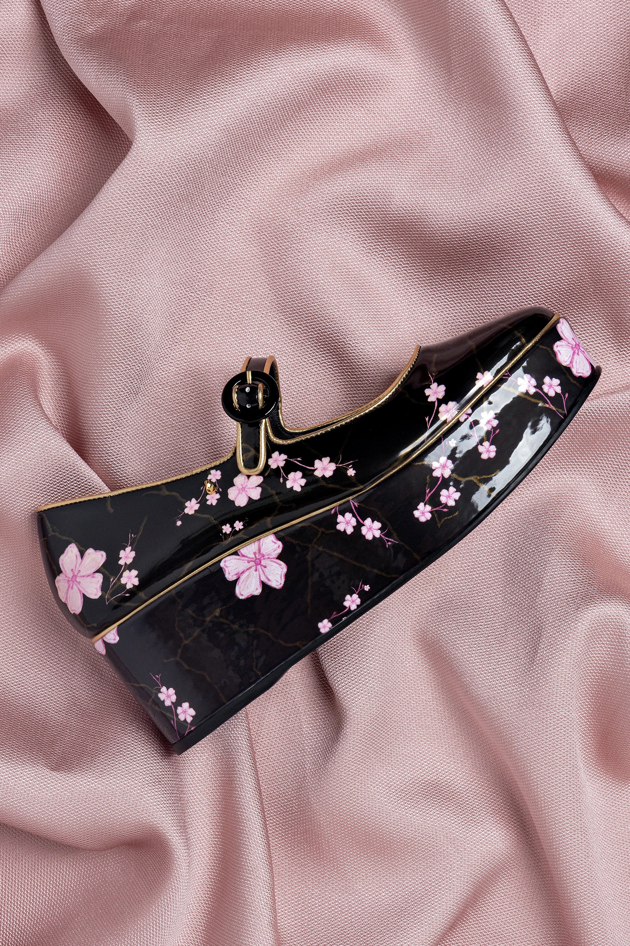 Blair Flatform Sandals - Black Sakura Printed Leather Shoes for Women | Comfortable & Stylish Platform Sandals for Casual Outings & Summer Wear