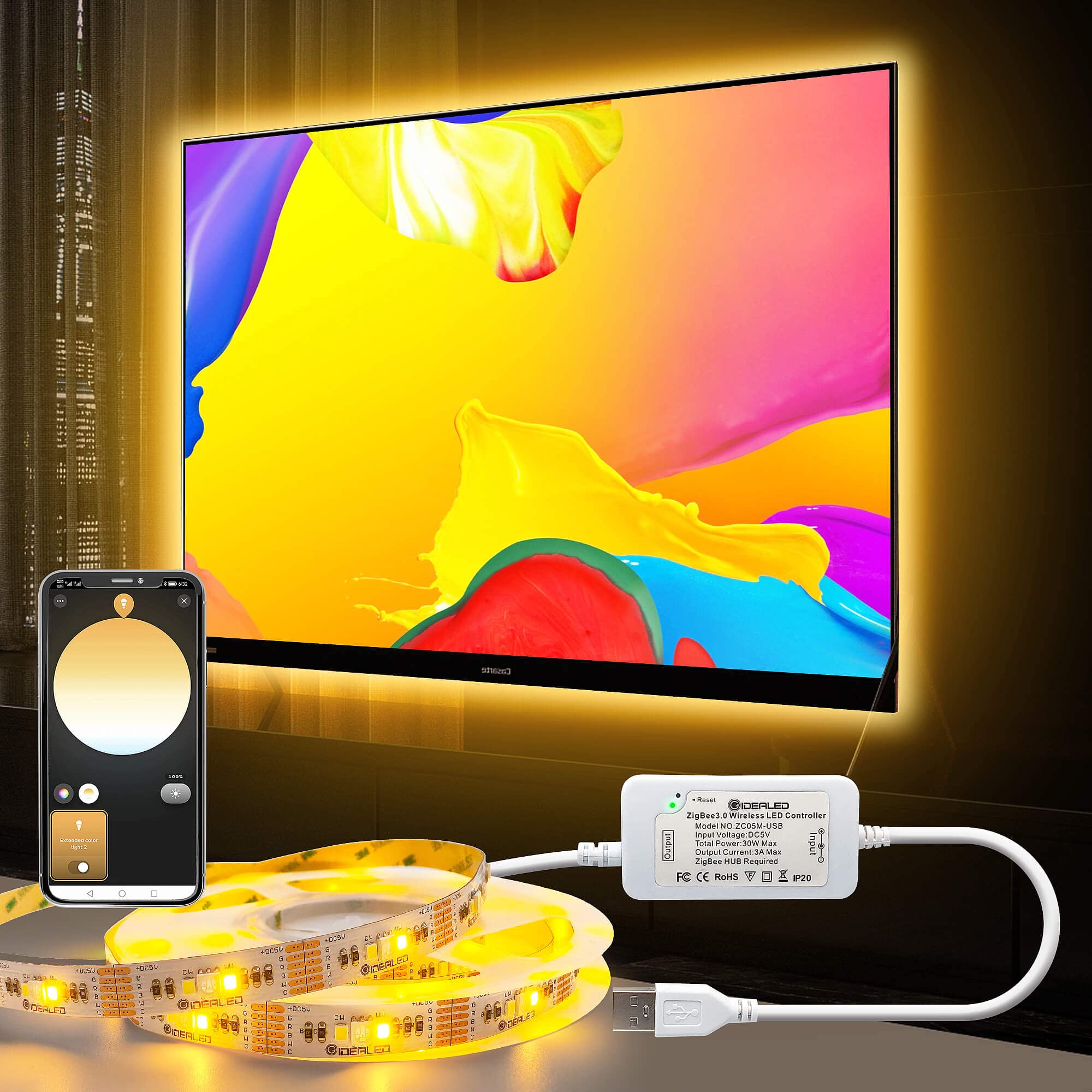 Smart ZigBee 3.0 USB RGBWW LED Strip Light 9.8ft Dimmable Kit - Works with Alexa & Google Home, 2700K-6500K CCT, Warm White to Cool White & RGB Color Changing - Perfect for Bedroom, Kitchen, Gaming Setup & Home Decor