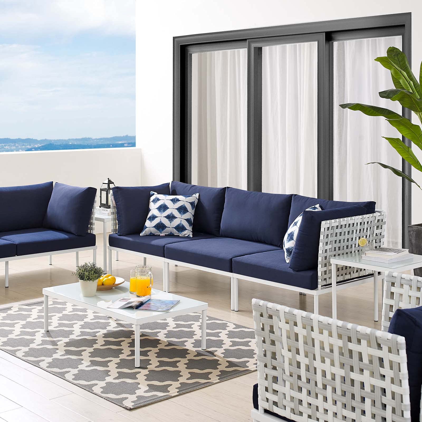 Modern Navy Blue Aluminum Lounge Sectional Sofa Chair & Table Set - Outdoor Patio Furniture for Garden, Poolside, Cafe & Backyard Relaxation
