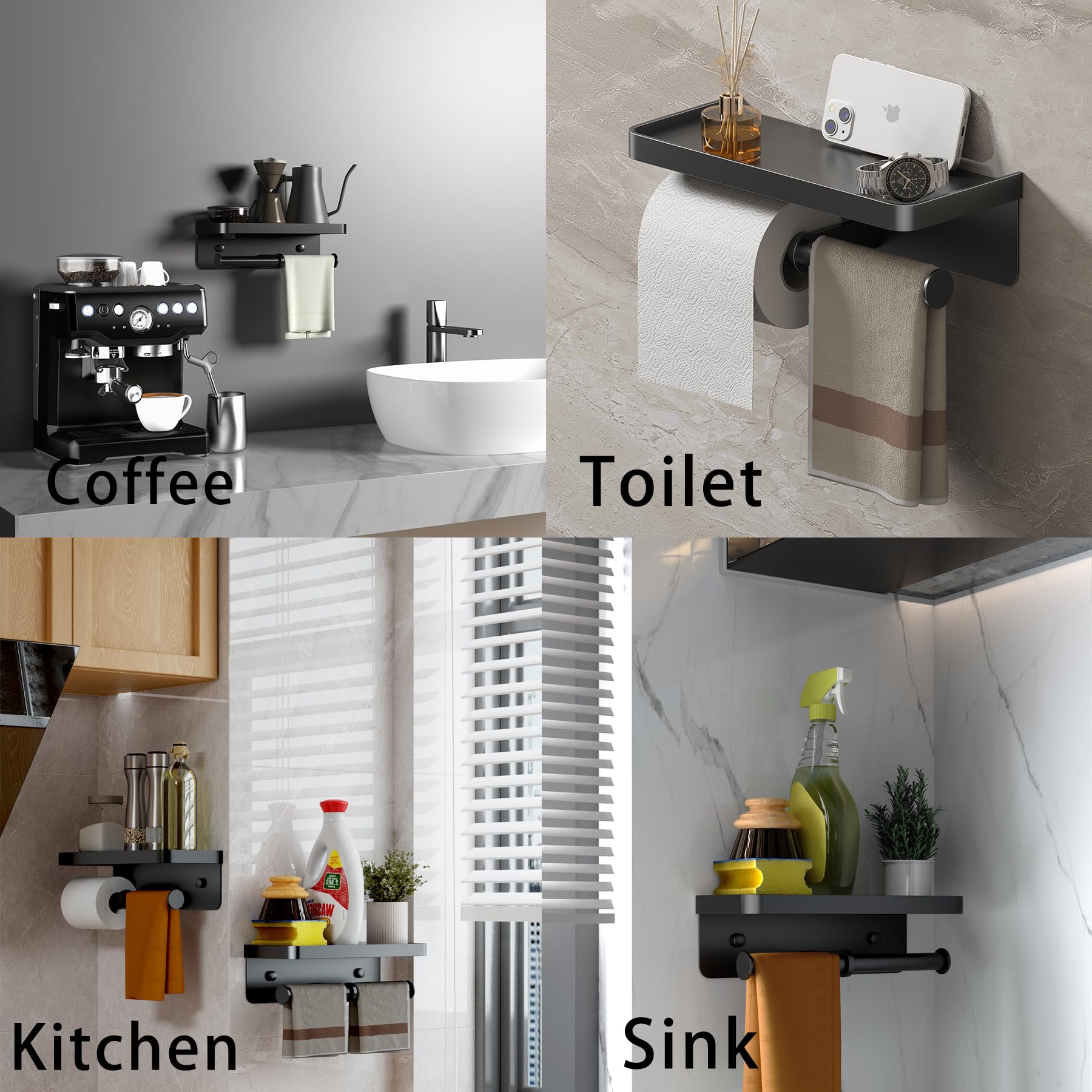 Double Toilet Paper Holder with Shelf - Wall Mounted Bathroom & Kitchen Tissue Roll Holder - Matte Black Paper Towel Rack for RV, Home, Office - Includes Adhesive & Screw Installation - Space Saving Bathroom Organizer for Small Spaces