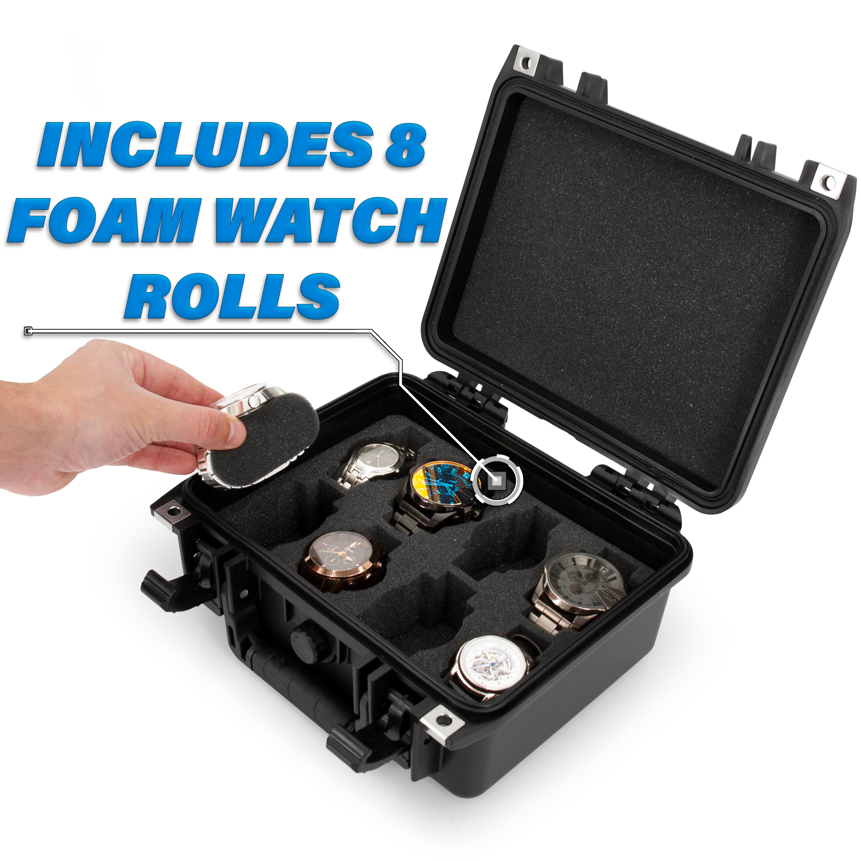 CASEMATIX Waterproof Watch Travel Case with 8 Watch Roll Holders - Foam Display Tray Fits 24mm to 56mm Watch Faces - Perfect for Storage, Travel & Watch Collection Organization