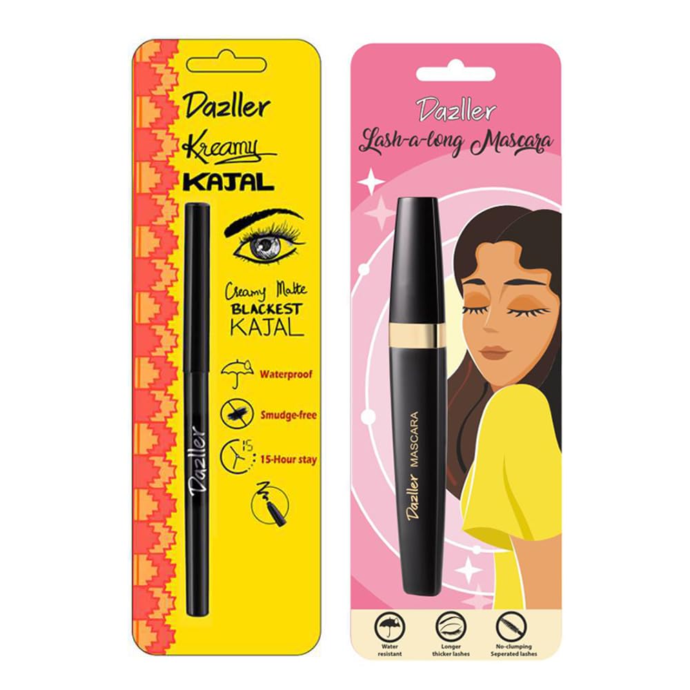 Dazller Eye Combo: Lash-a-Long Mascara & Kreamy Kajal (0.35g) - Lightweight, Smudge-Proof, Water-Resistant, Long-Lasting | Perfect for Everyday Wear, Date Night, and Special Occasions