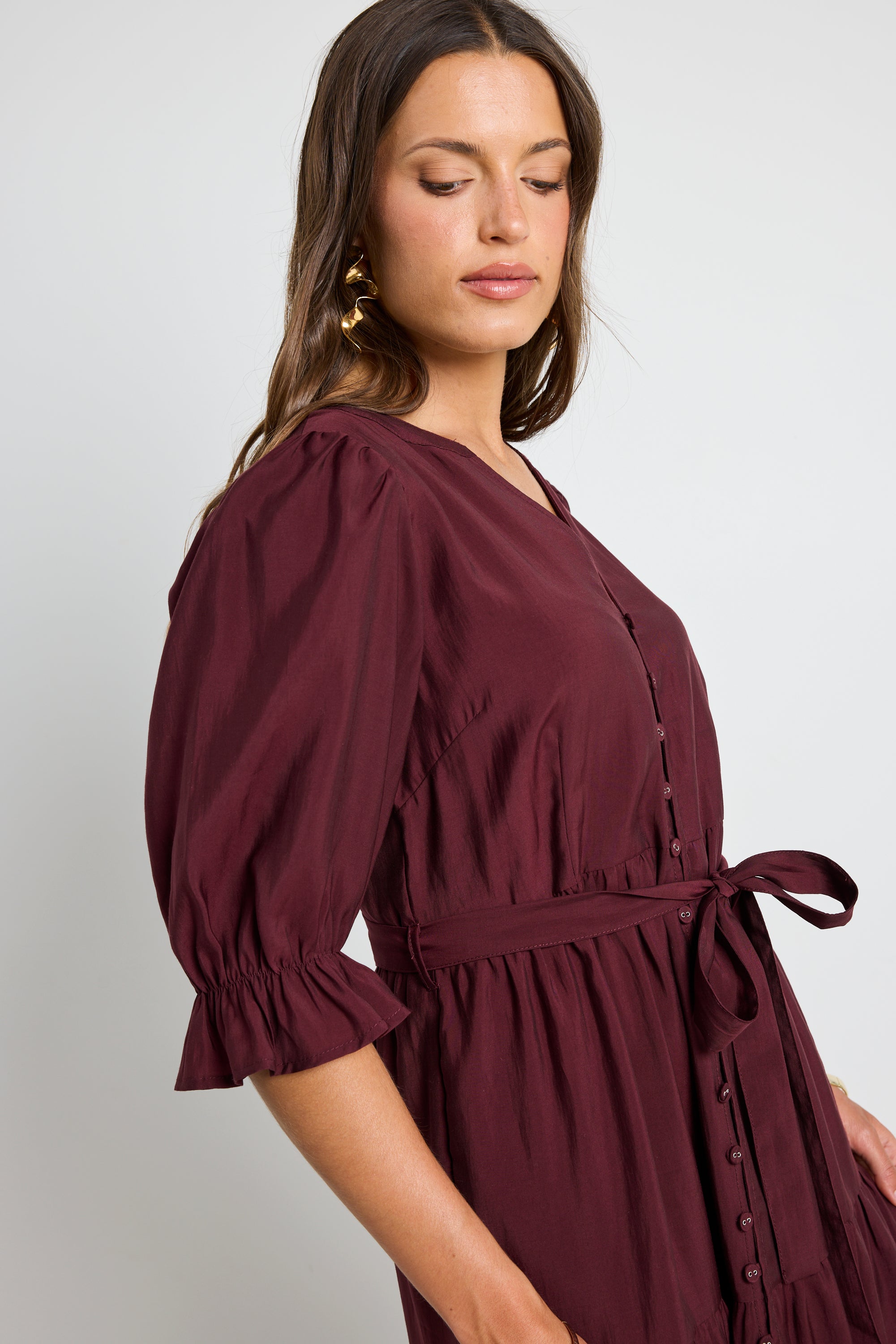 Burgundy Plum SS Button Front Tiered Maxi Dress for Women - Elegant Summer Casual Dress with Flowy Skirt - Perfect for Beach Vacations, Date Nights & Outdoor Parties
