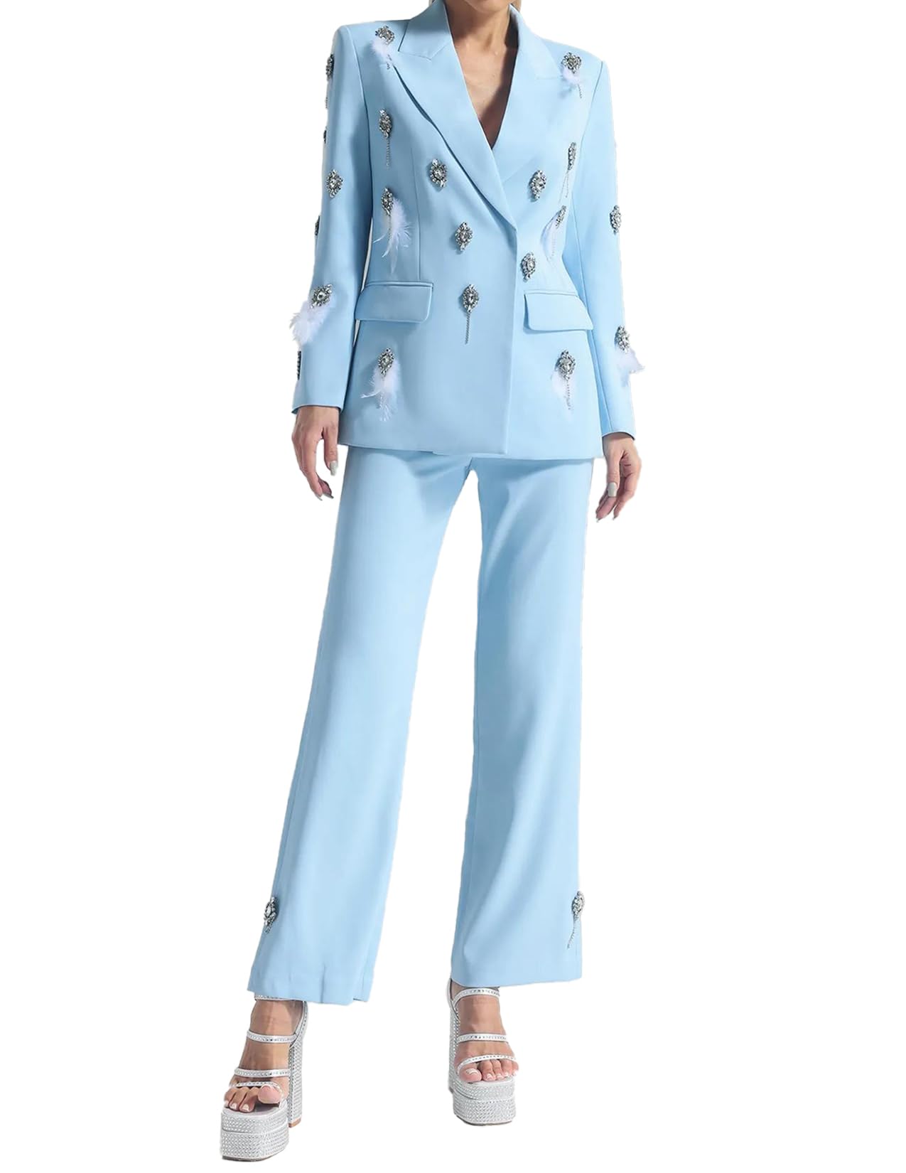 BELLA BARNETT Women's Blue 2-Piece Suit Set - Diamond Blazer & Pants Outfit for Business Casual & Office Wear | Professional Work Attire & Special Occasion Outfits