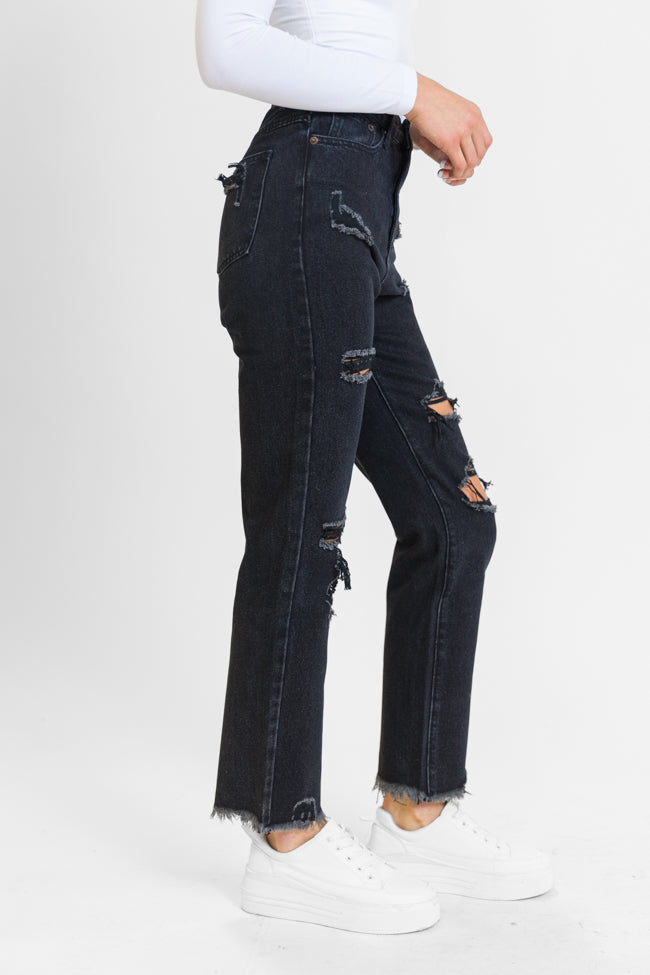 Megan Black Wash Distressed Straight Leg Tall Mom Jeans for Women - Vintage High Waist Denim Pants - Perfect for Casual Outfits, Streetwear & Everyday Wear