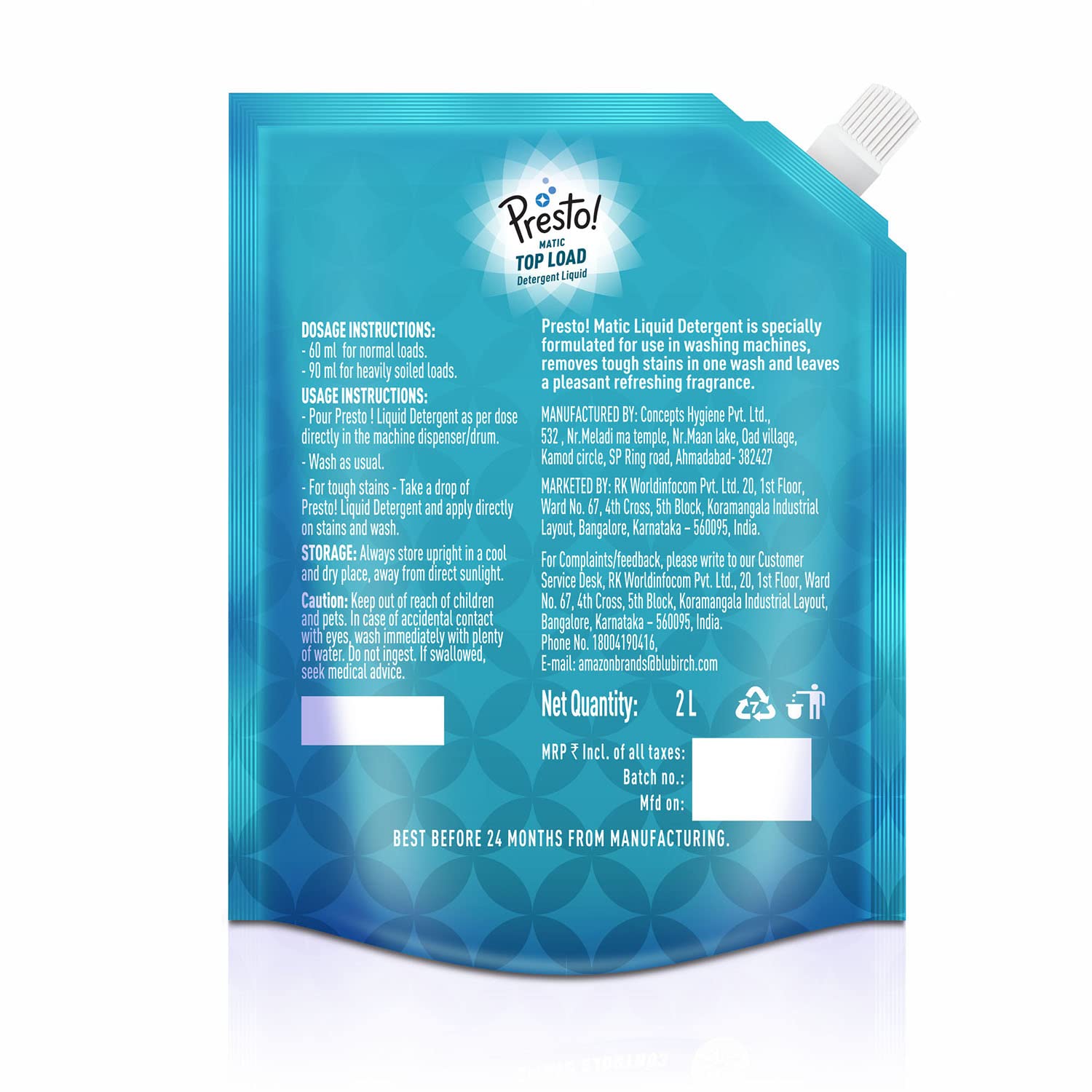 Presto! Matic Top Load Liquid Laundry Detergent Refill Pack - 2 Litre | Tough Stain Remover | Color Safe & Gentle on Clothes | Bleach & Phosphate Free | Fresh Scent | Ideal for Everyday Laundry, Family Use & High-Efficiency Washing Machines