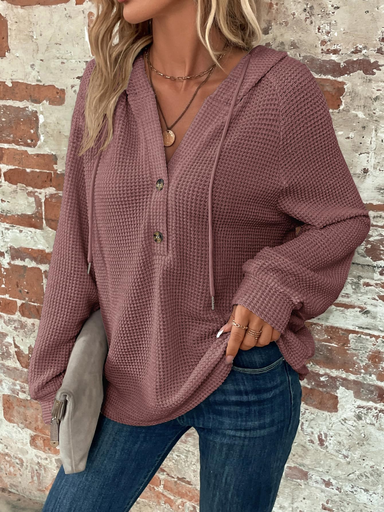WDIRARA Women's Oversized Hoodies - Soft Waffle Knit Sweatshirt with V-Neck & Button Front - Cozy Pullover for Casual Wear, Loungewear & Fall Fashion