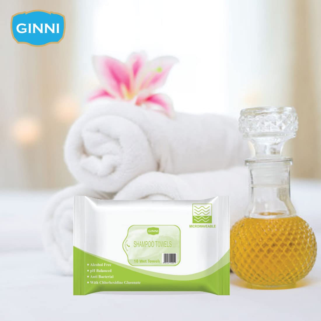 GINNI No Rinse Shampoo Towel Wet Wipes - 70 Dry Bath Sponge Wipes for Adults & Seniors (10 Pulls/Pack) - Ideal for Travel, Camping, Hospital & Elderly Care