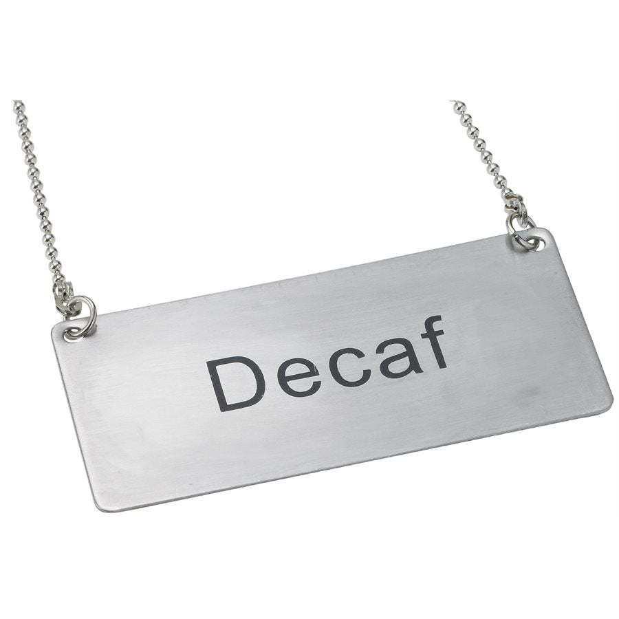 Winco Decaf Sign with 12 Chain - Stainless Steel Cafe Sign 3.5 x 1.75 Inches - Perfect for Coffee Shops, Restaurants & Home Decor