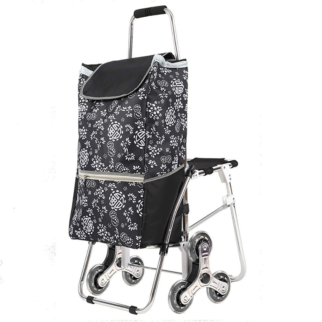 Collapsible Folding Wagon Cart with Seat - 6-Wheel Aluminum Alloy Shopping Trolley with Waterproof Lining & Ladder Climbing Function - Perfect for Grocery Shopping, Beach Trips, Camping and Outdoor Adventures