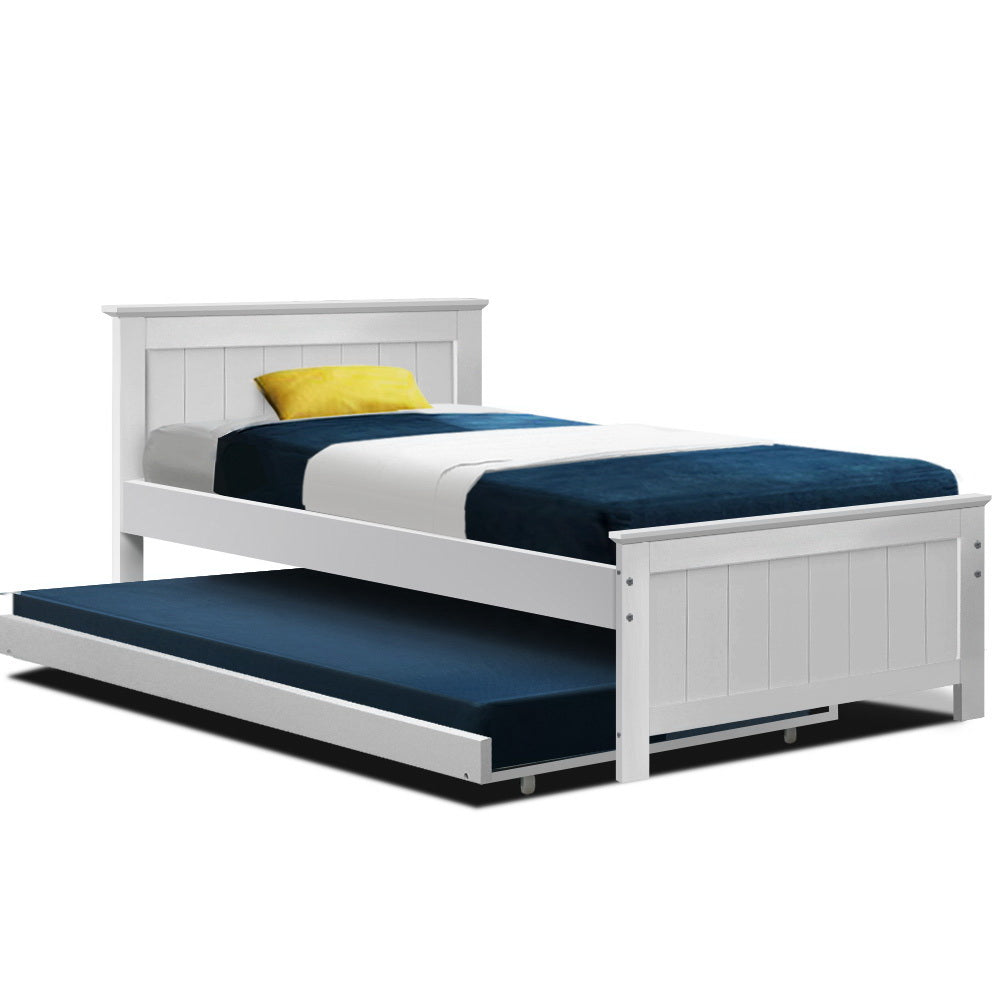 Elvis Wooden King Single Trundle Bed Frame for Kids - White Twin Size with Storage Drawer | Perfect for Small Bedrooms, Guest Rooms & Kids' Sleepovers