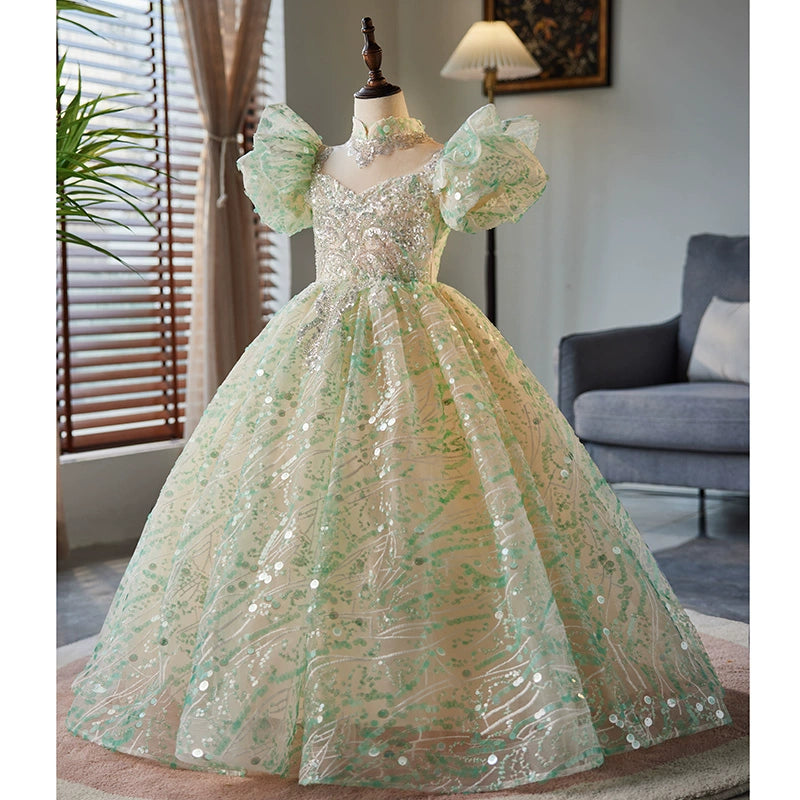 Elegant Mint Green Organza Flower Girl Dress with Floor Length Princess Style - Perfect for Weddings, Pageants & Special Occasions