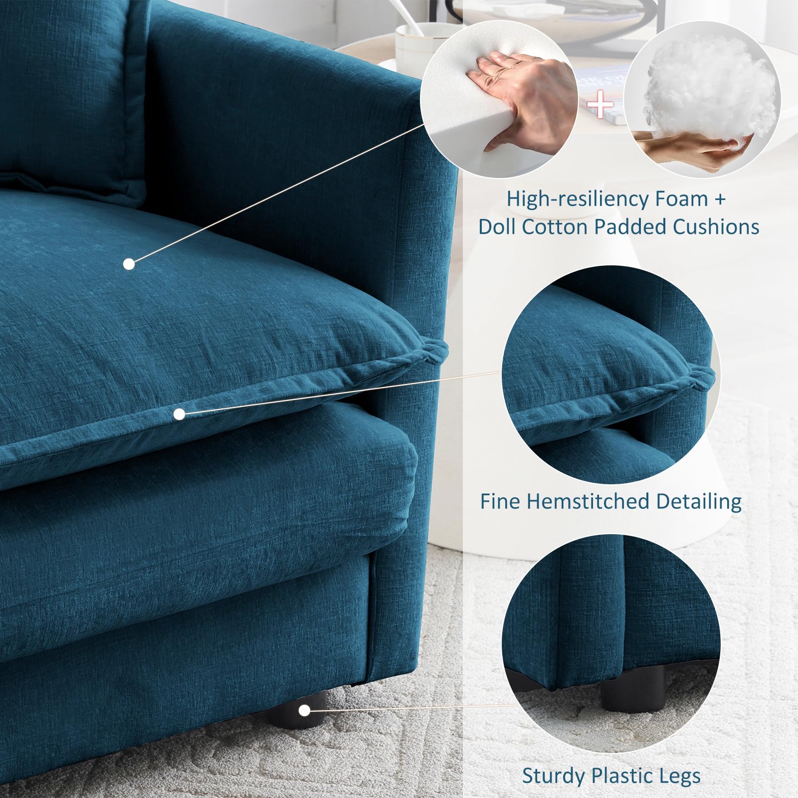 KIVENJAJA Blue Chenille Upholstered Ottoman Footrest - Soft Storage Pouf for Loveseat, Modular Sectional Couch - Perfect for Living Room, Bedroom & Home Theater Relaxation