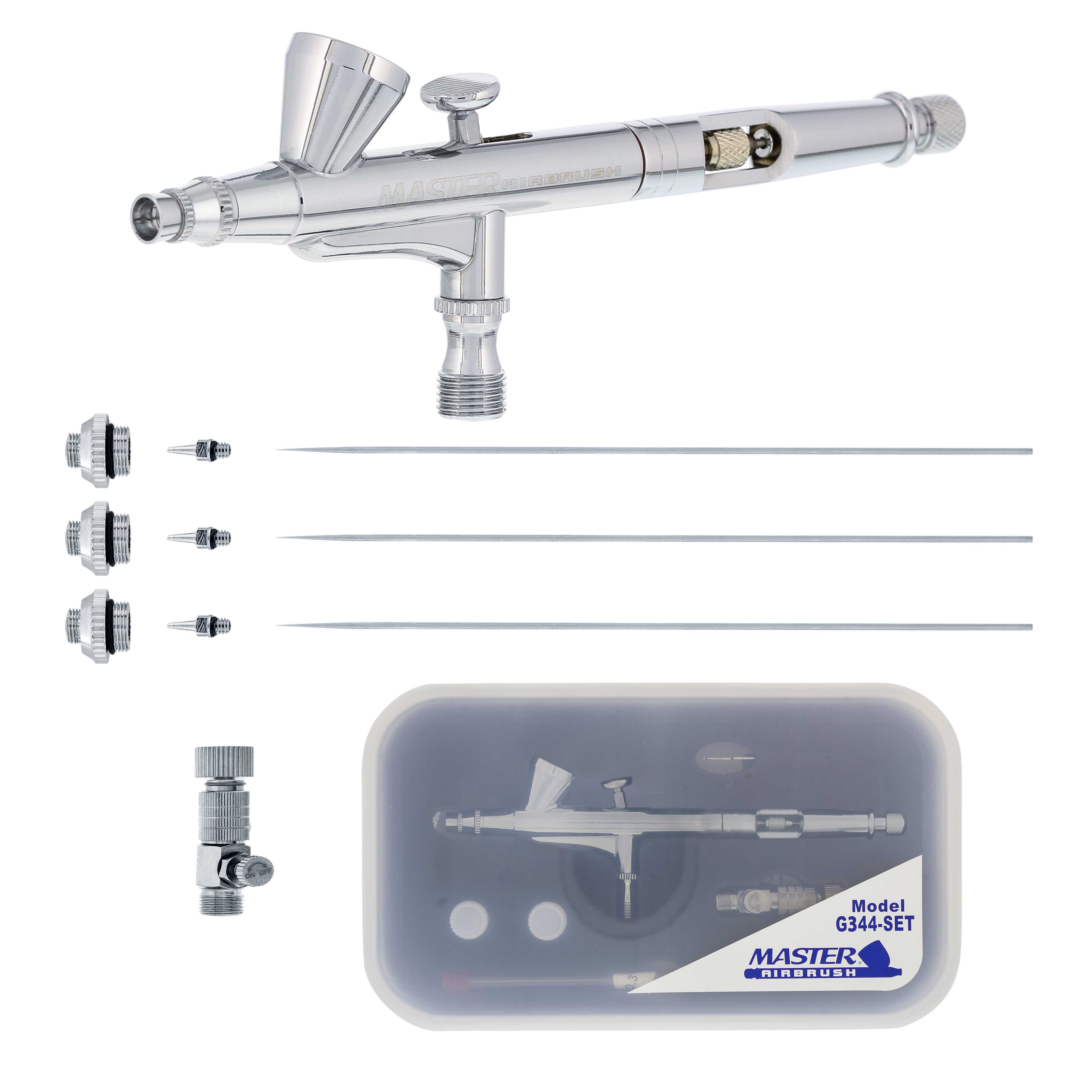 G344 Professional Dual Action Gravity Feed Airbrush Kit - 3 Nozzle Sets (0.2mm, 0.3mm, 0.5mm Needles) with Fluid Tips & Air Caps - 1/16 oz. Cup for Model Painting, Cake Decorating & Automotive Detailing