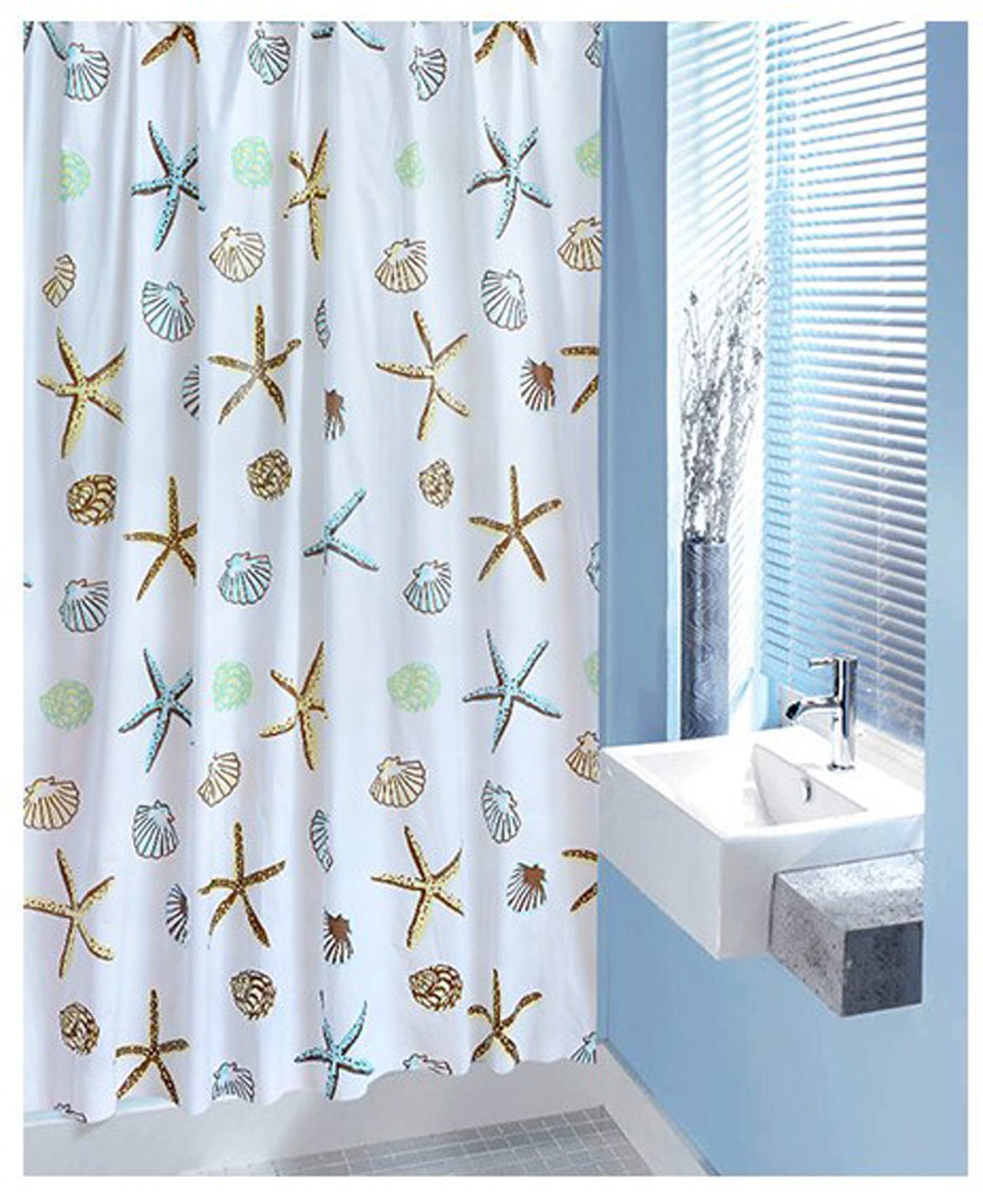 Ocean Theme Waterproof Beach Shower Curtain Set with Seashells & Starfish Design - 71x79 Inch Coastal Bathroom Decor for Bathrooms, Beach Houses & Vacation Rentals