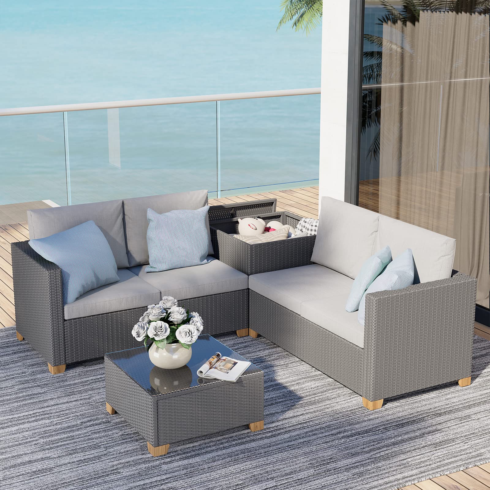 4-Piece Wicker Patio Furniture Set with Storage Box & Rattan Coffee Table - Outdoor Conversation Set for Backyard, Garden, Deck (Light Gray) | Perfect for Relaxing, Entertaining & Outdoor Dining