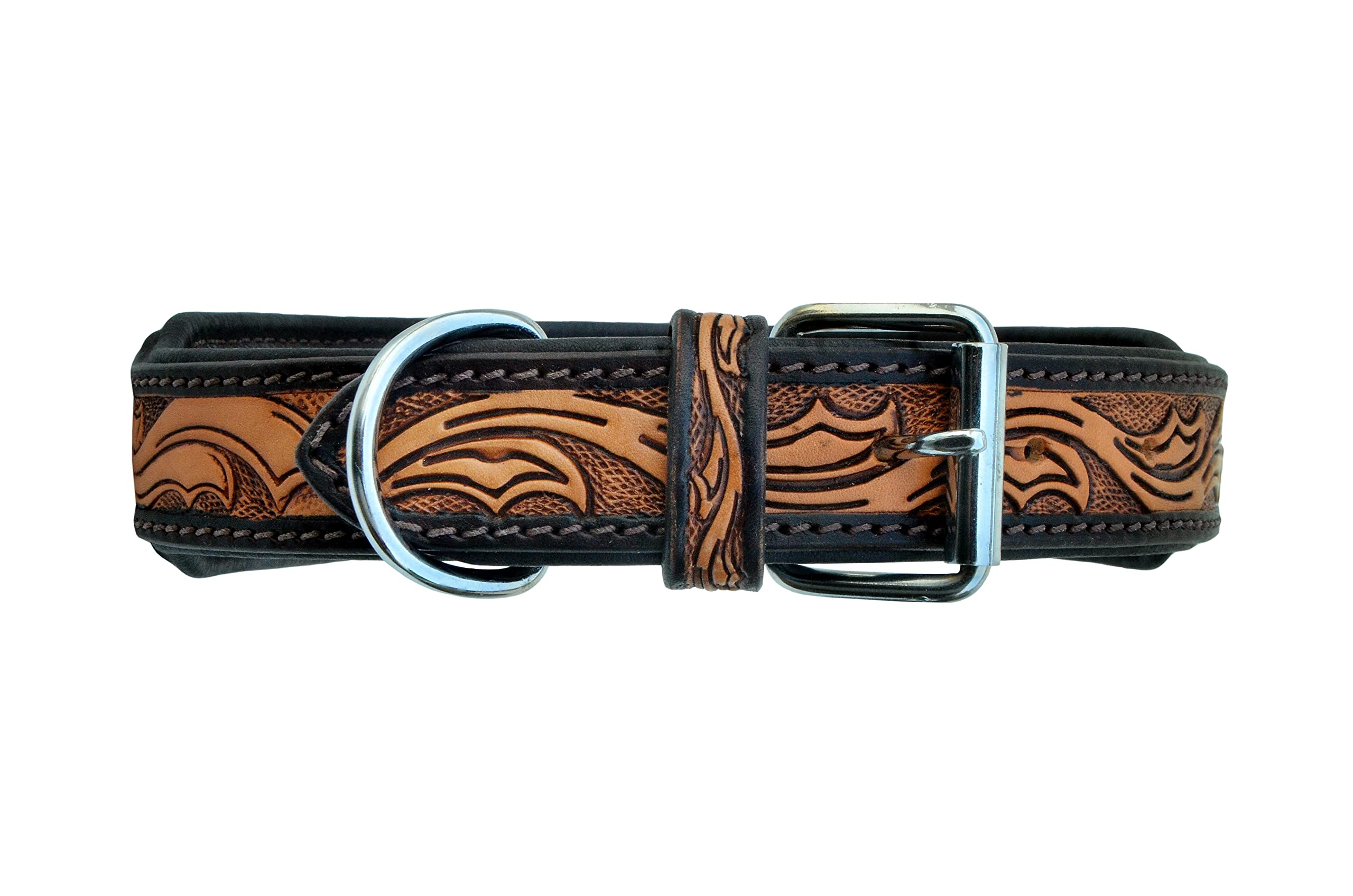 Hand-Tooled Western Style Leather Dog Collar - Heavy Duty Adjustable Beaded & Padded Soft for Puppies & Large Dogs (10AB011) - Perfect for Training, Daily Walks & Cowboy-Themed Pet Fashion