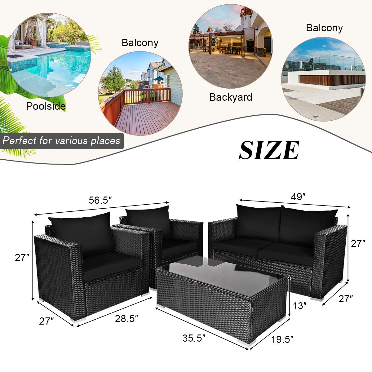 HappyGrill 4-Piece Outdoor Patio Conversation Set - Rattan Wicker Sofa with Tempered Glass Table & Removable Cushions - Perfect for Garden, Backyard, Poolside, and Outdoor Relaxation